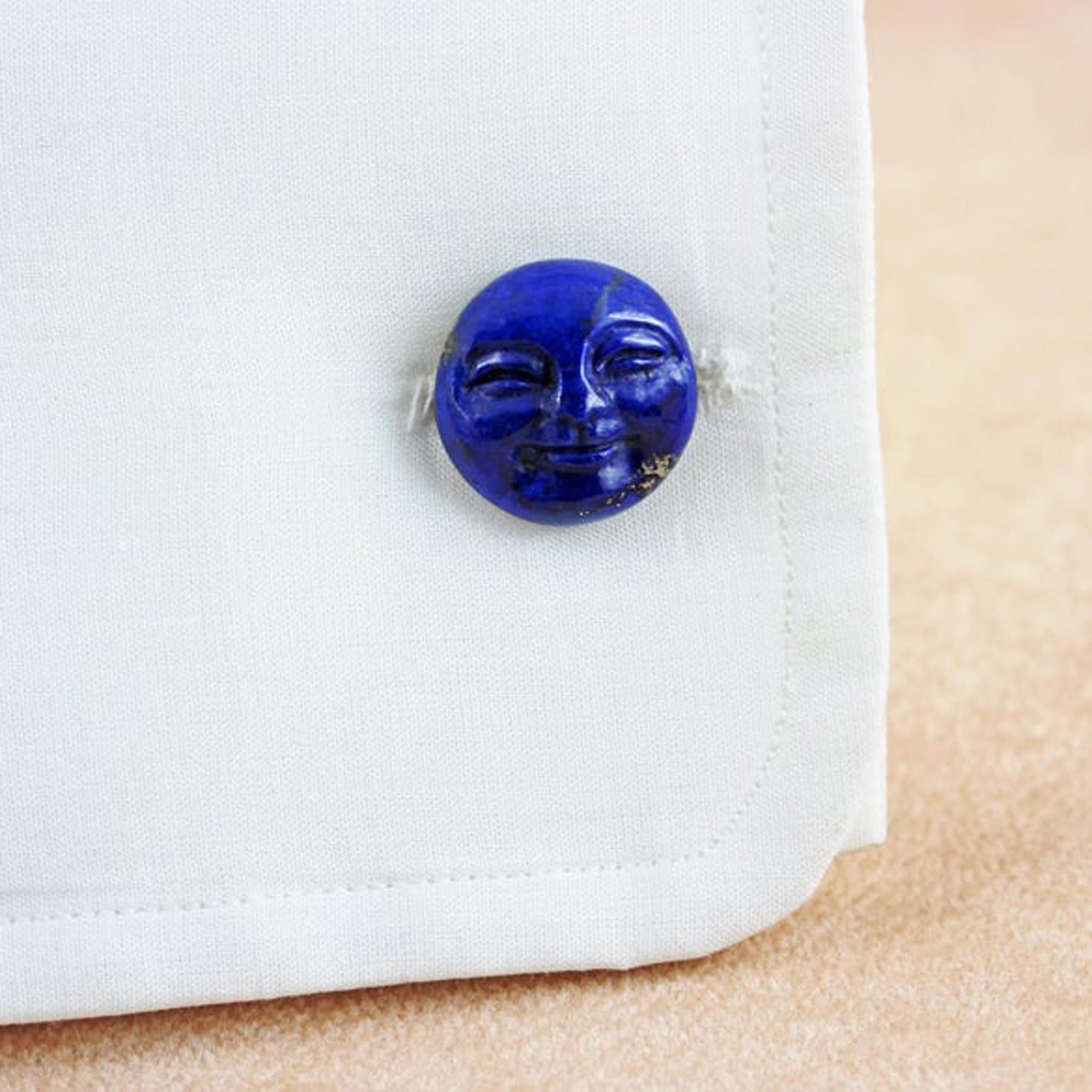18 Karat Yellow Gold Lapis Lazuli Moon Smiling Face Cufflinks In New Condition For Sale In Milano, IT