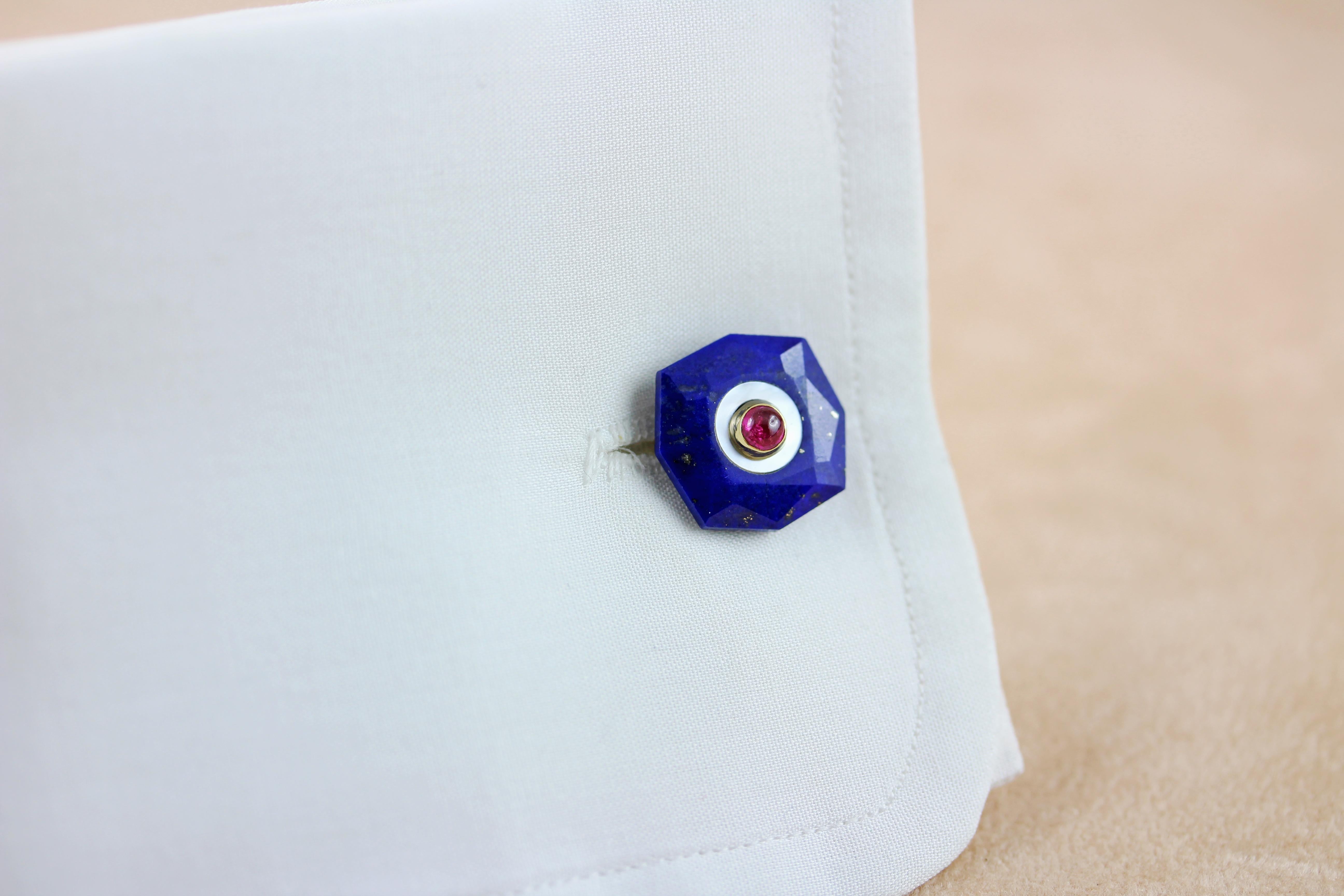 Cabochon 18 Karat Yellow Gold Lapis Lazuli Mother of Pearl Blue Rubies Cufflinks For Sale
