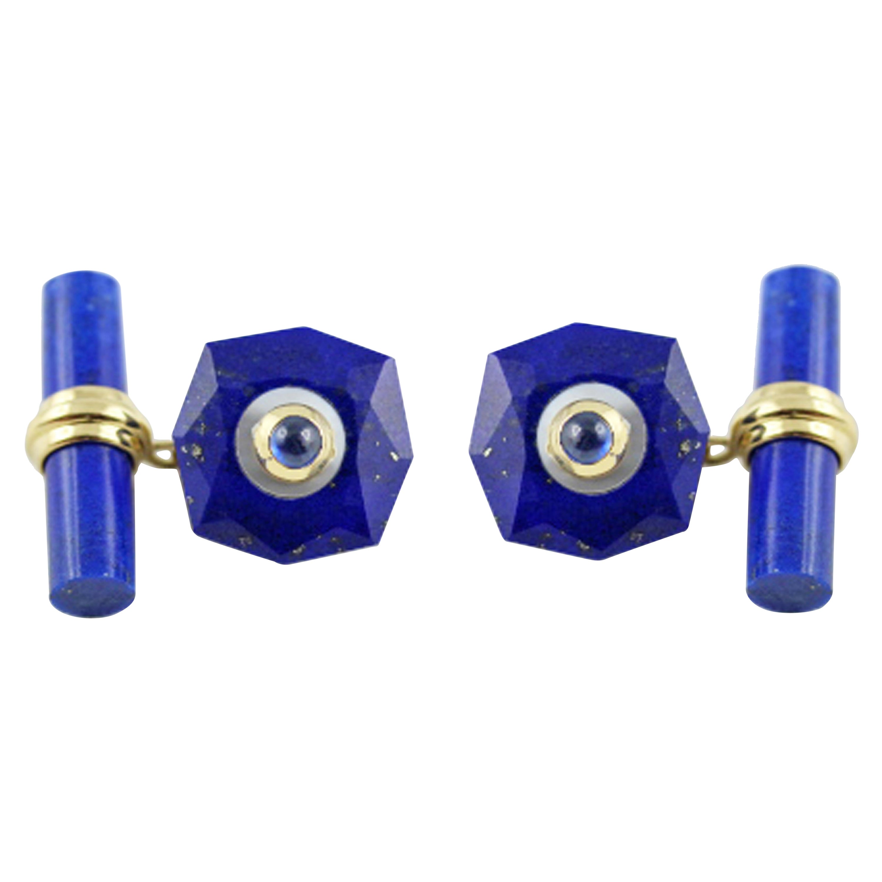 18 Karat Yellow Gold Lapis Lazuli Mother of Pearl Blue Sapphires Bars Cufflinks