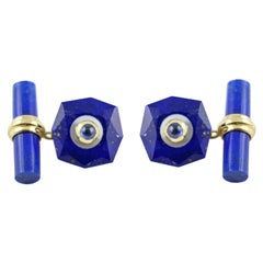 18 Karat Yellow Gold Lapis Lazuli Mother of Pearl Blue Sapphires Bars Cufflinks