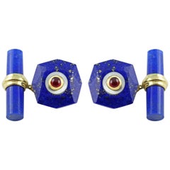 18 Karat Yellow Gold Lapis Lazuli Mother of Pearl Rubies Bars Cufflinks