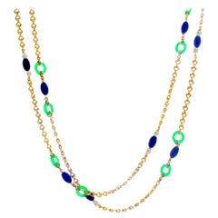 18 Karat Yellow Gold Lapis Lazuli, Pearl and Green Stone Necklace