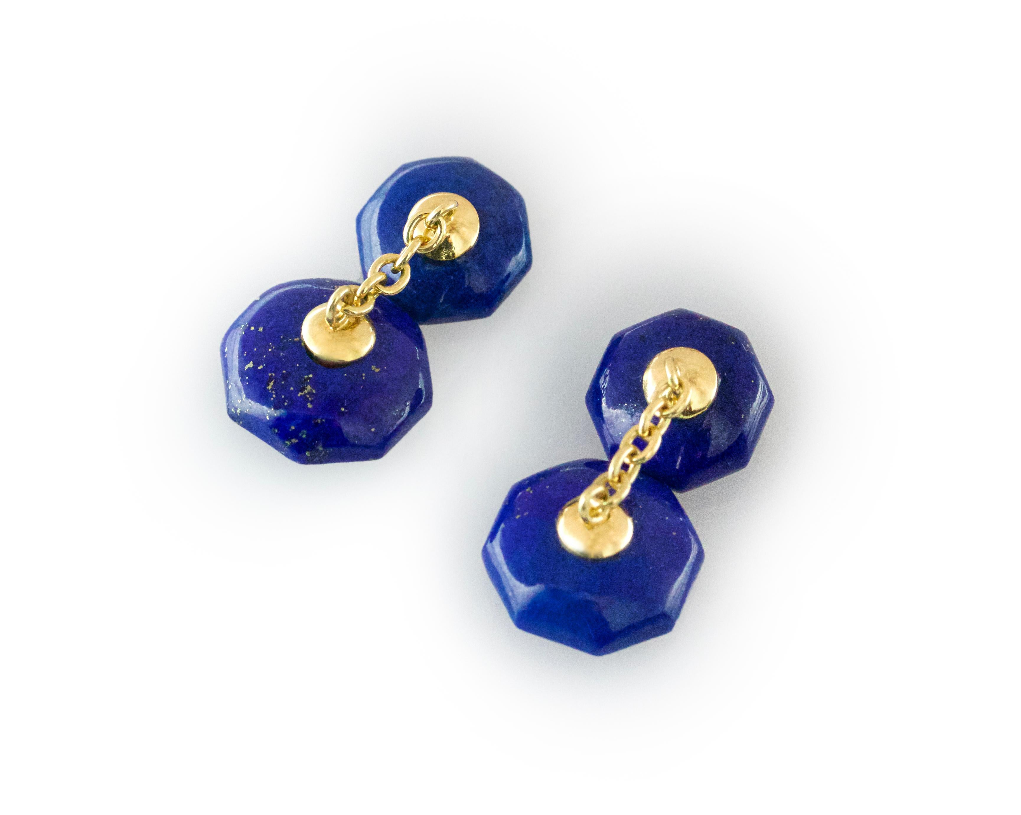 Mixed Cut 18 Karat Yellow Gold Lapis Lazuli Rubies Carved Octagonal Cufflinks For Sale