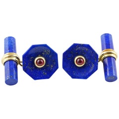 Boutons de manchette octogonaux en or jaune 18 carats, lapis-lazuli et rubis