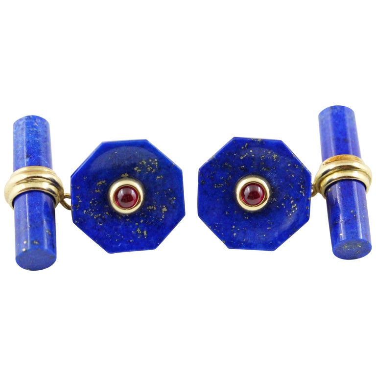 18 Karat Yellow Gold Lapis Lazuli Rubies Octagonal Cufflinks For Sale