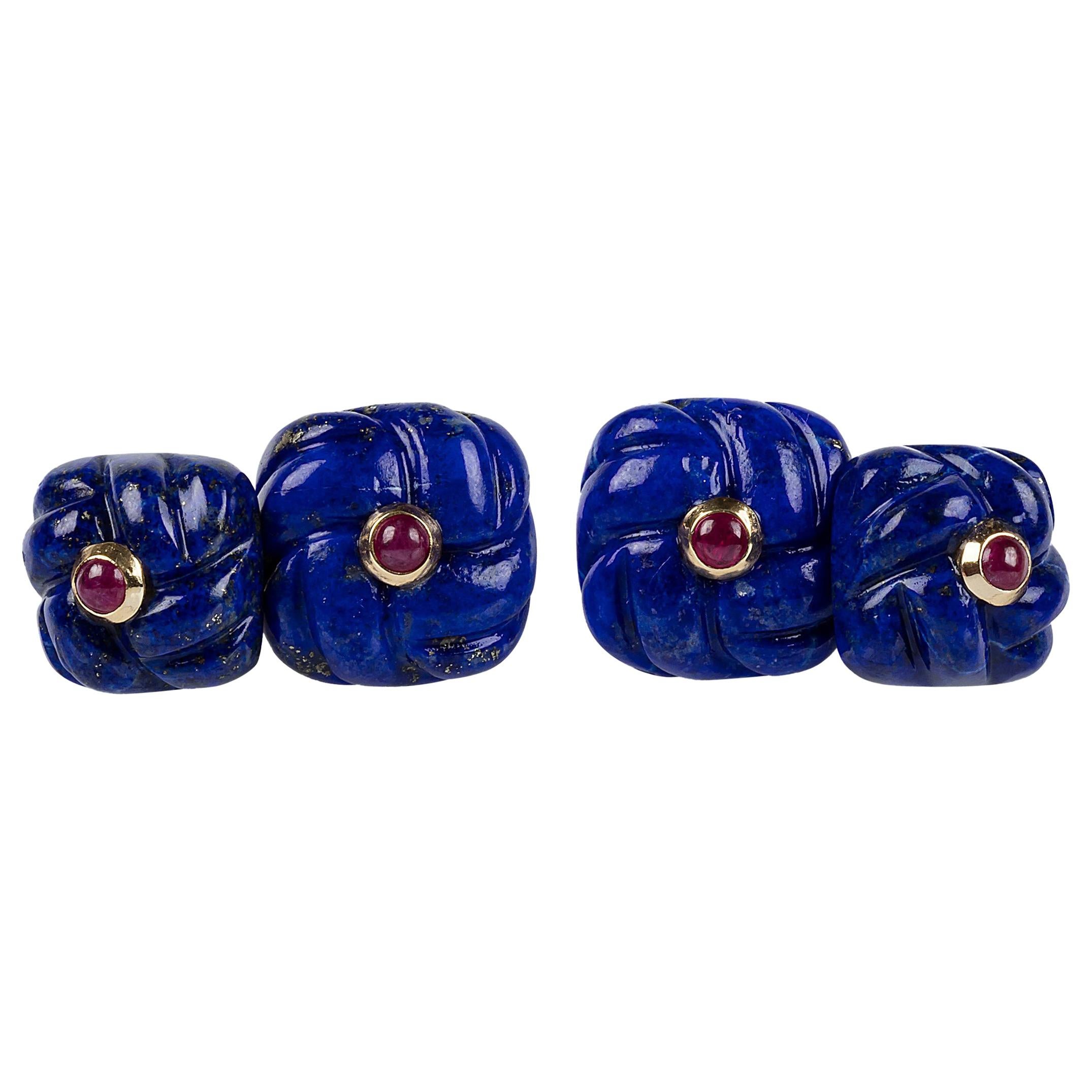 Boutons de manchette en or jaune 18 carats, lapis-lazuli et rubis en vente