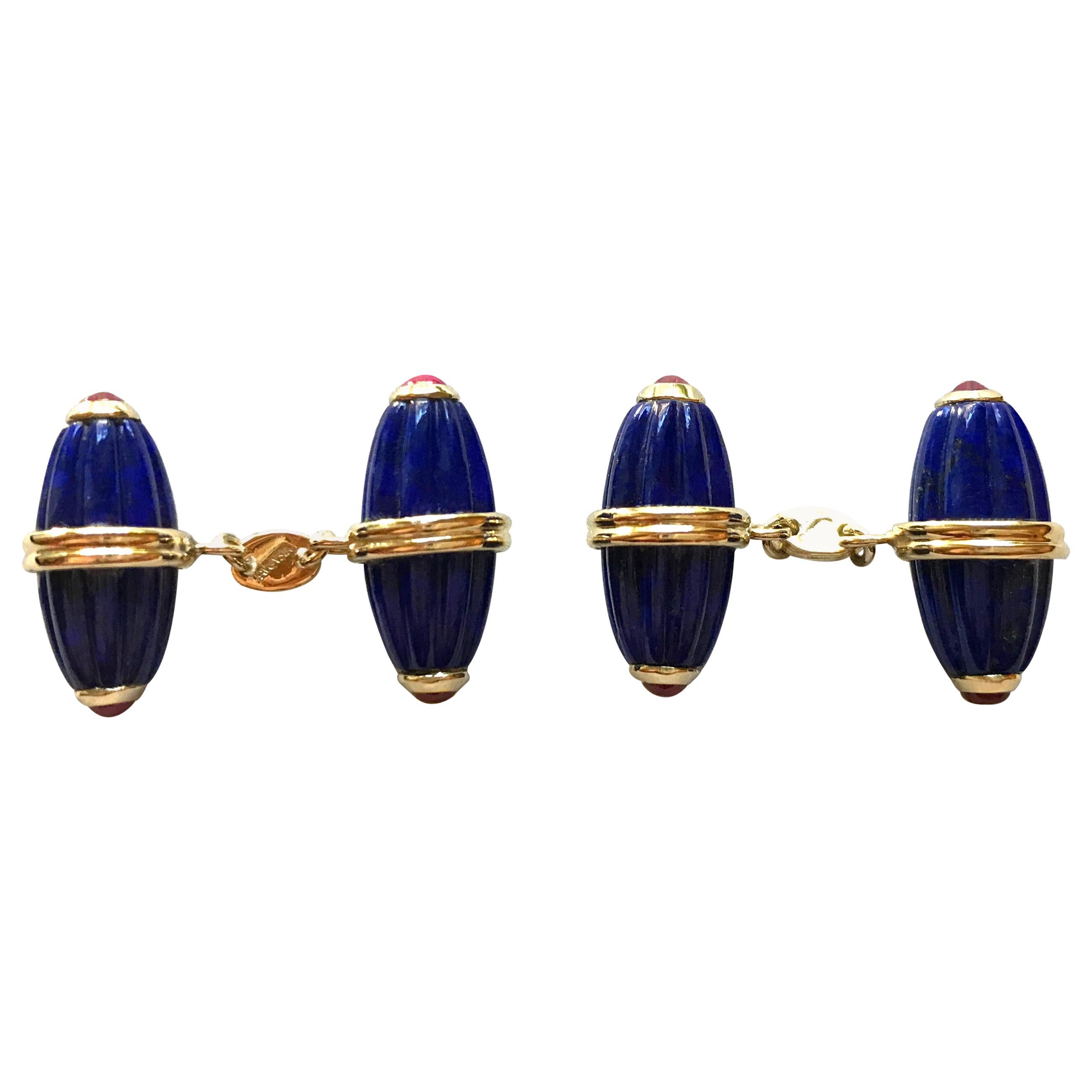 18 Karat Yellow Gold Lapis Lazuli Ruby Cufflinks