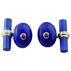18 Karat Yellow Gold Lapis Lazuli Ruby Oval Cufflinks