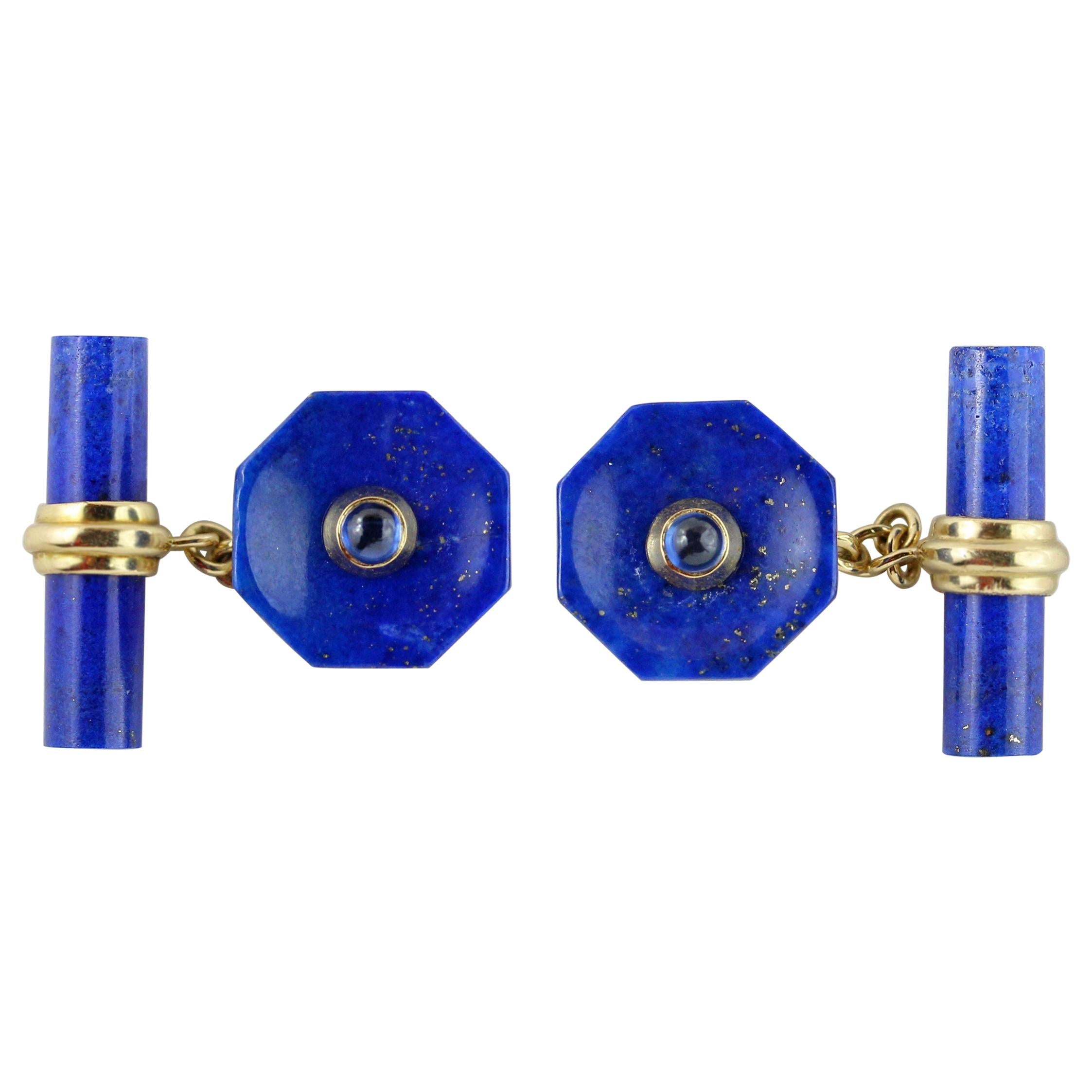 18 Karat Yellow Gold Lapis Lazuli Sapphires Octagonal Cufflinks