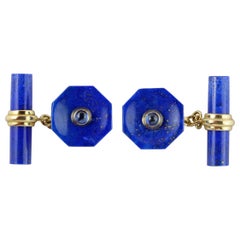 Boutons de manchette octogonaux en or jaune 18 carats, lapis-lazuli et saphirs