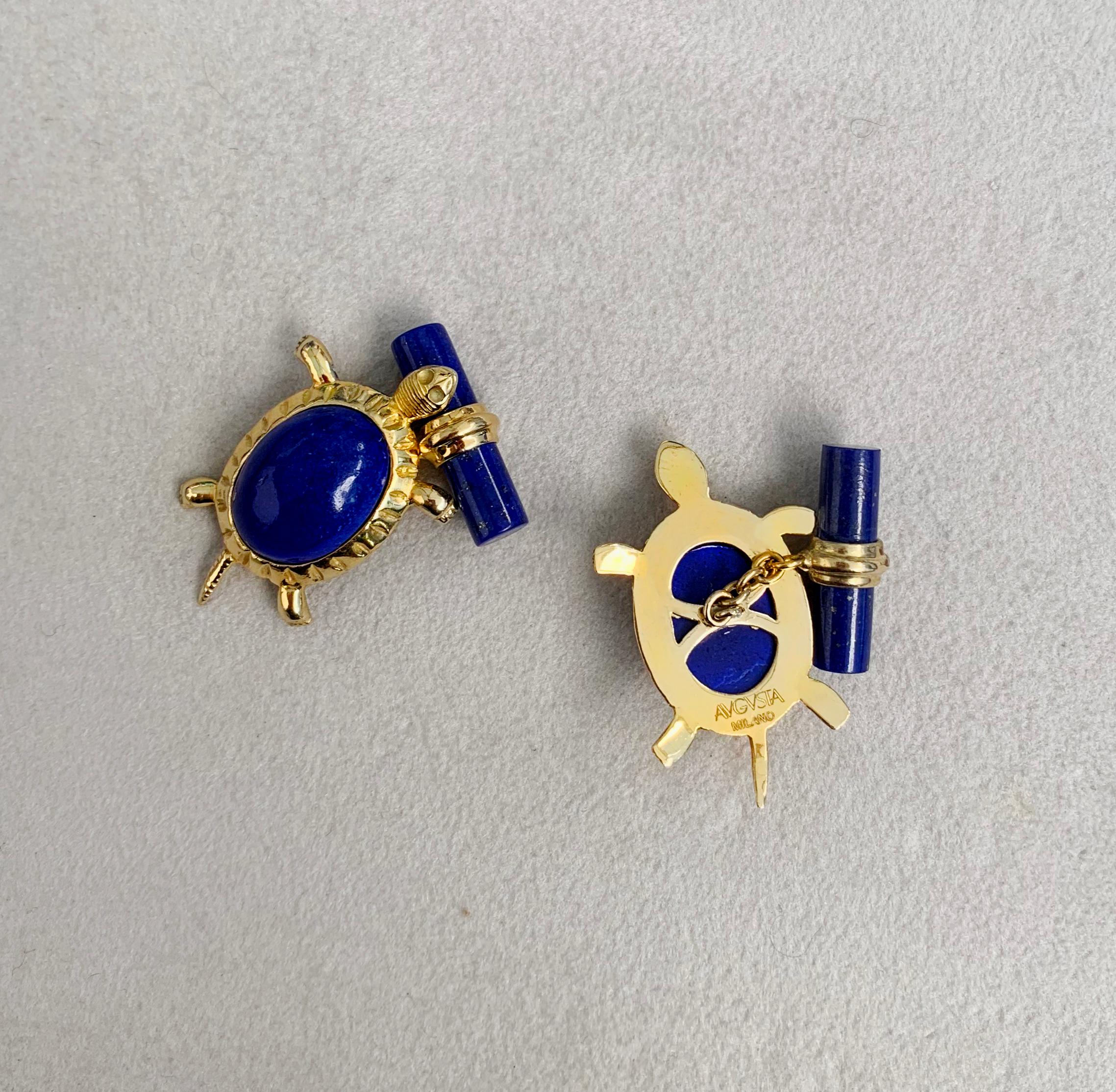 Mixed Cut 18 Karat Yellow Gold Lapis Lazuli Turtle Cufflinks For Sale