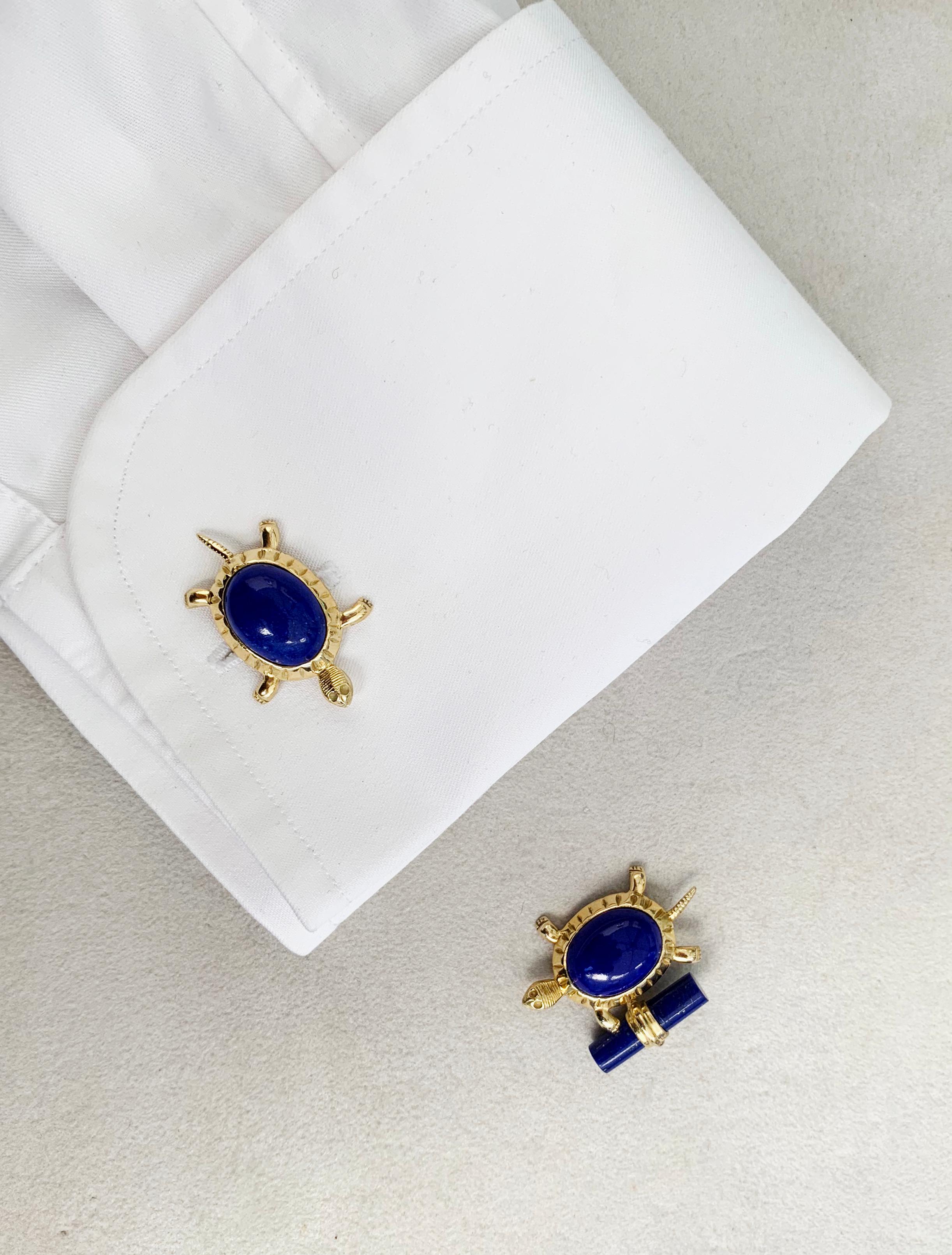 18 Karat Yellow Gold Lapis Lazuli Turtle Cufflinks In New Condition For Sale In Milano, IT