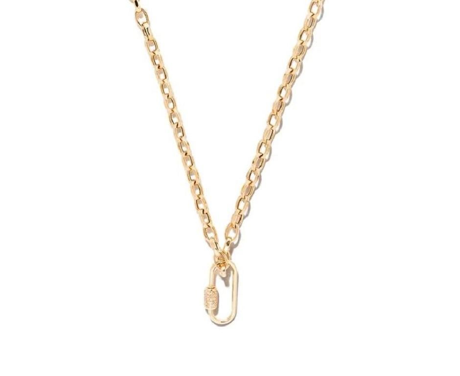 AS29
18kt yellow gold large oval carabiner.

This is a carabiner like no other. It is crafted in solid 18kt gold, embellished with sparkling pave diamonds and designed to be worn around your neck. It will never fail to impress your exquisite style.
