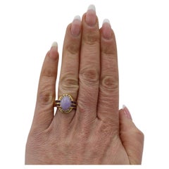 18 Karat Yellow Gold Lavender Jade Amethyst & Natural Diamond Dome Ring