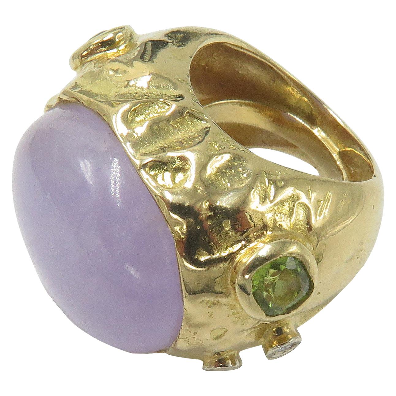 18 Karat Yellow Gold Lavender Jade, Peridot and Diamond Ring For Sale