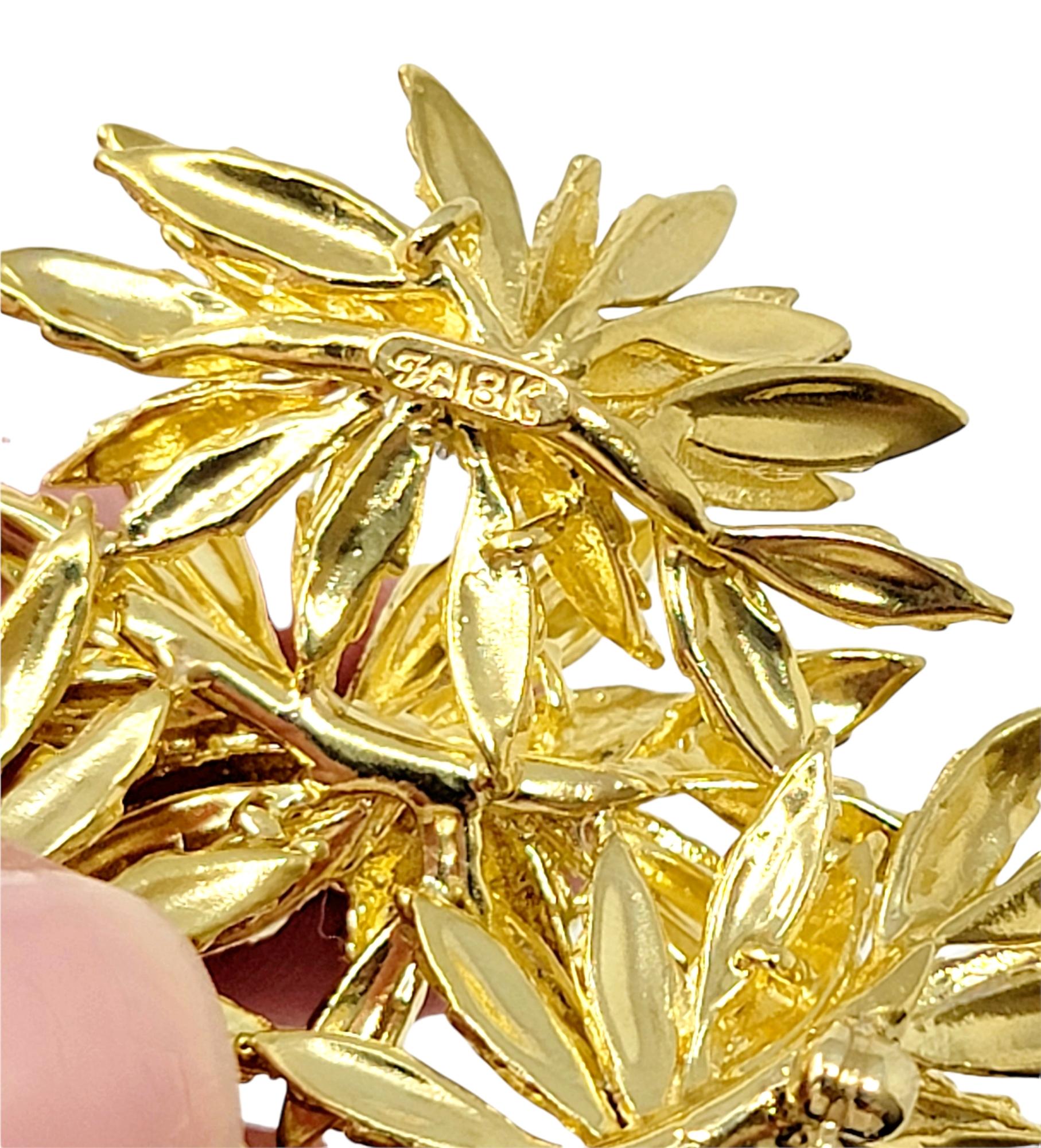 18 Karat Yellow Gold Layered Flowers Brooch with Round Diamond Accents For Sale 4