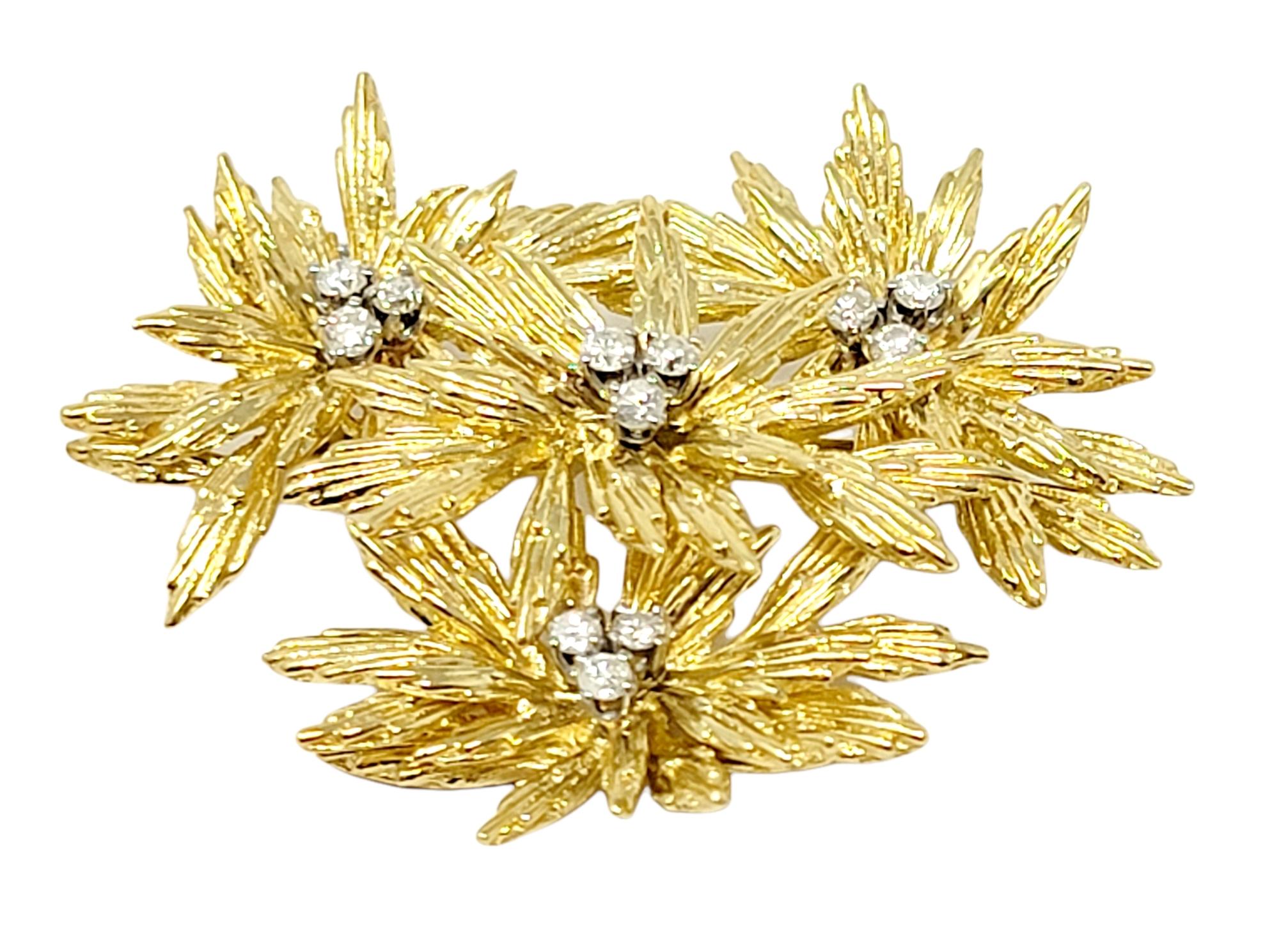 Contemporary 18 Karat Yellow Gold Layered Flowers Brooch with Round Diamond Accents For Sale