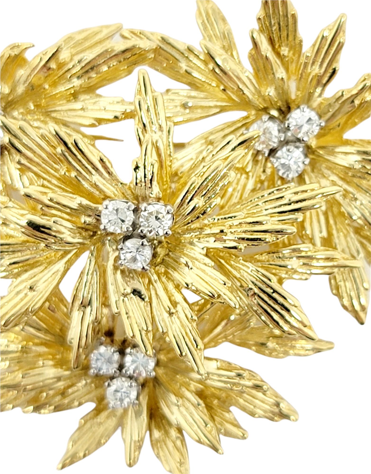 Round Cut 18 Karat Yellow Gold Layered Flowers Brooch with Round Diamond Accents For Sale