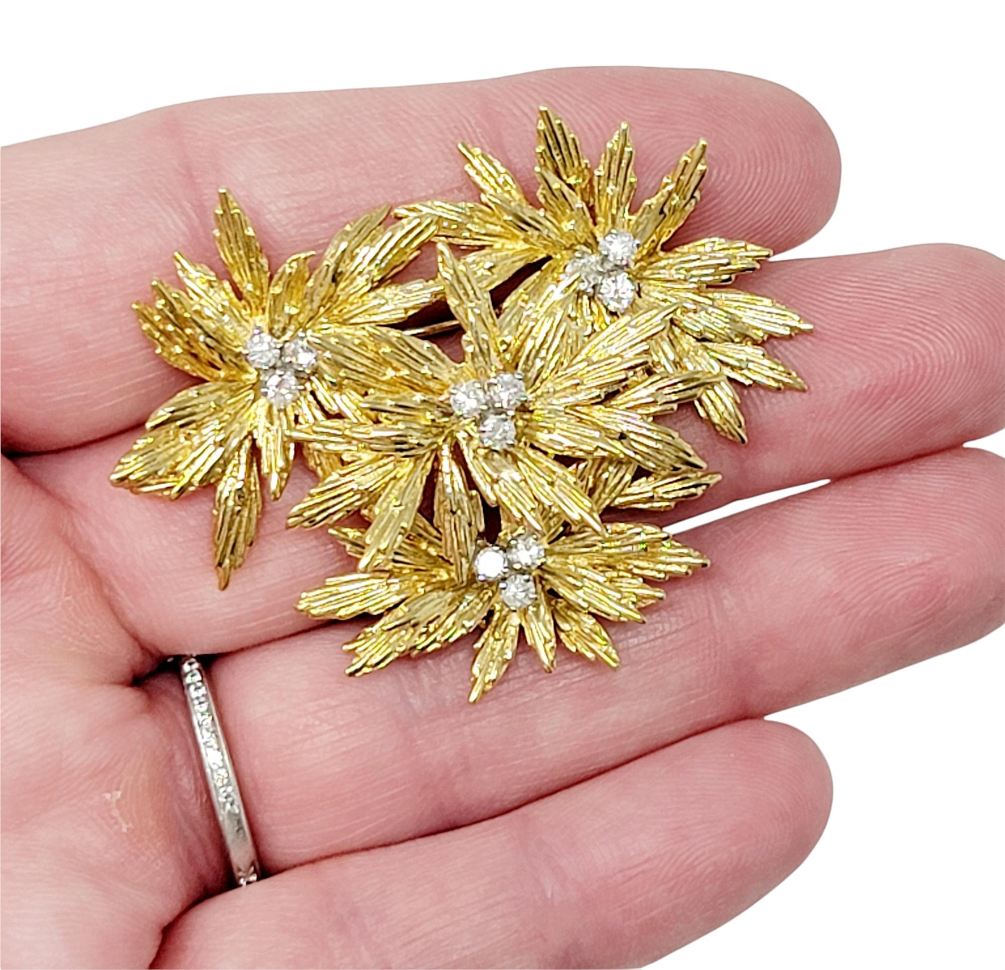 Women's 18 Karat Yellow Gold Layered Flowers Brooch with Round Diamond Accents For Sale