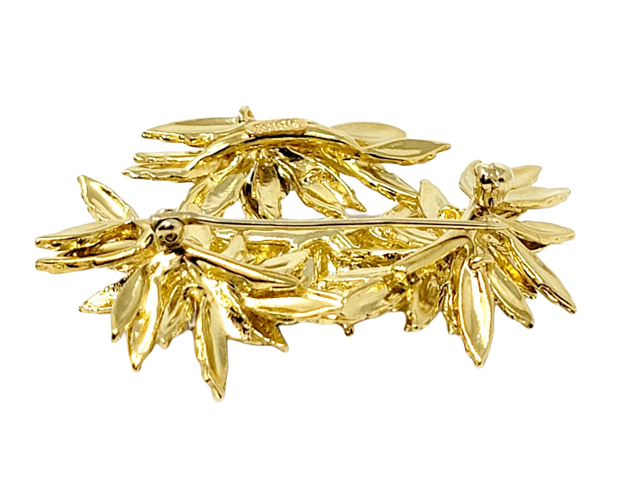 18 Karat Yellow Gold Layered Flowers Brooch with Round Diamond Accents For Sale 1