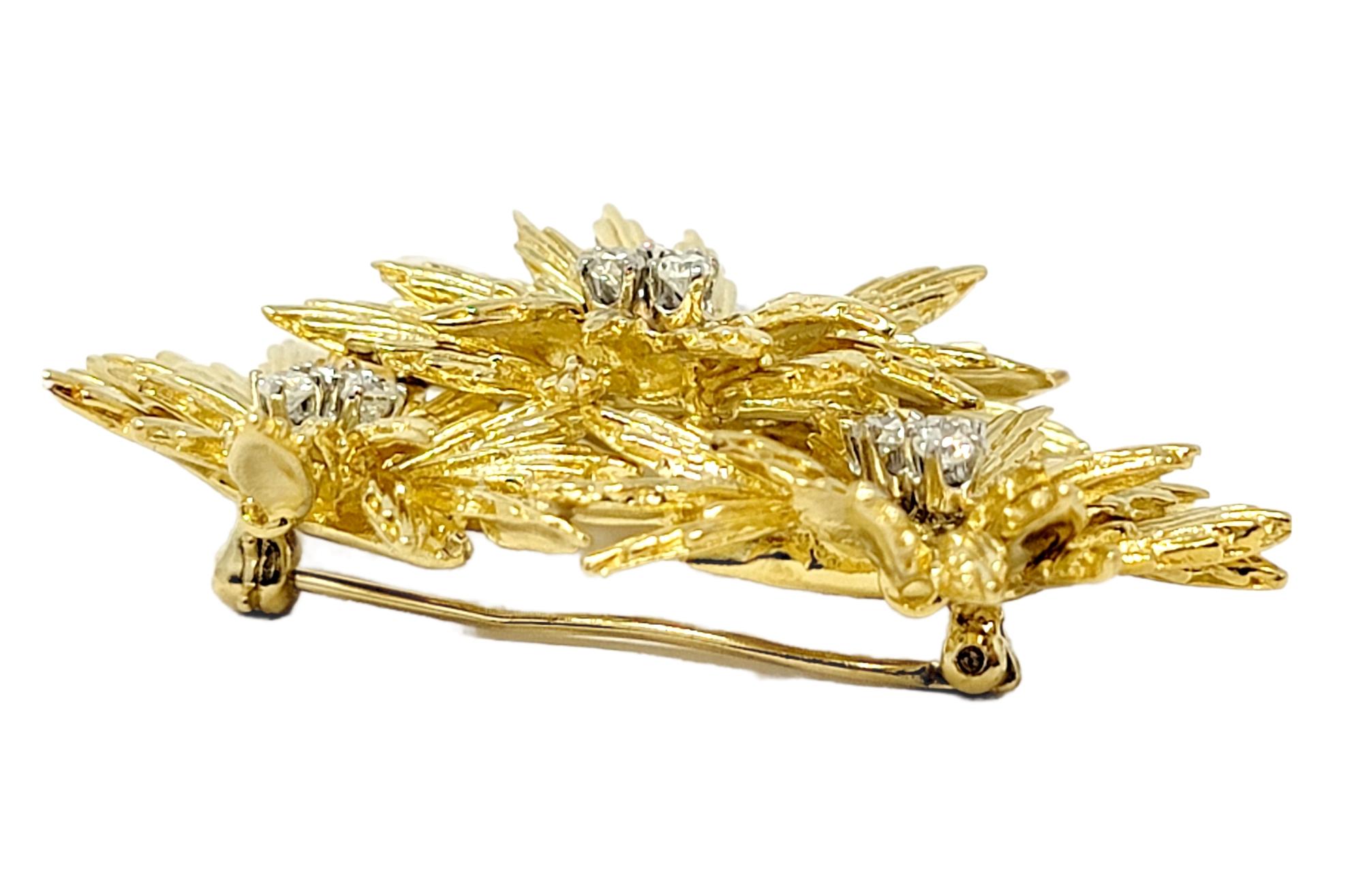 18 Karat Yellow Gold Layered Flowers Brooch with Round Diamond Accents For Sale 2