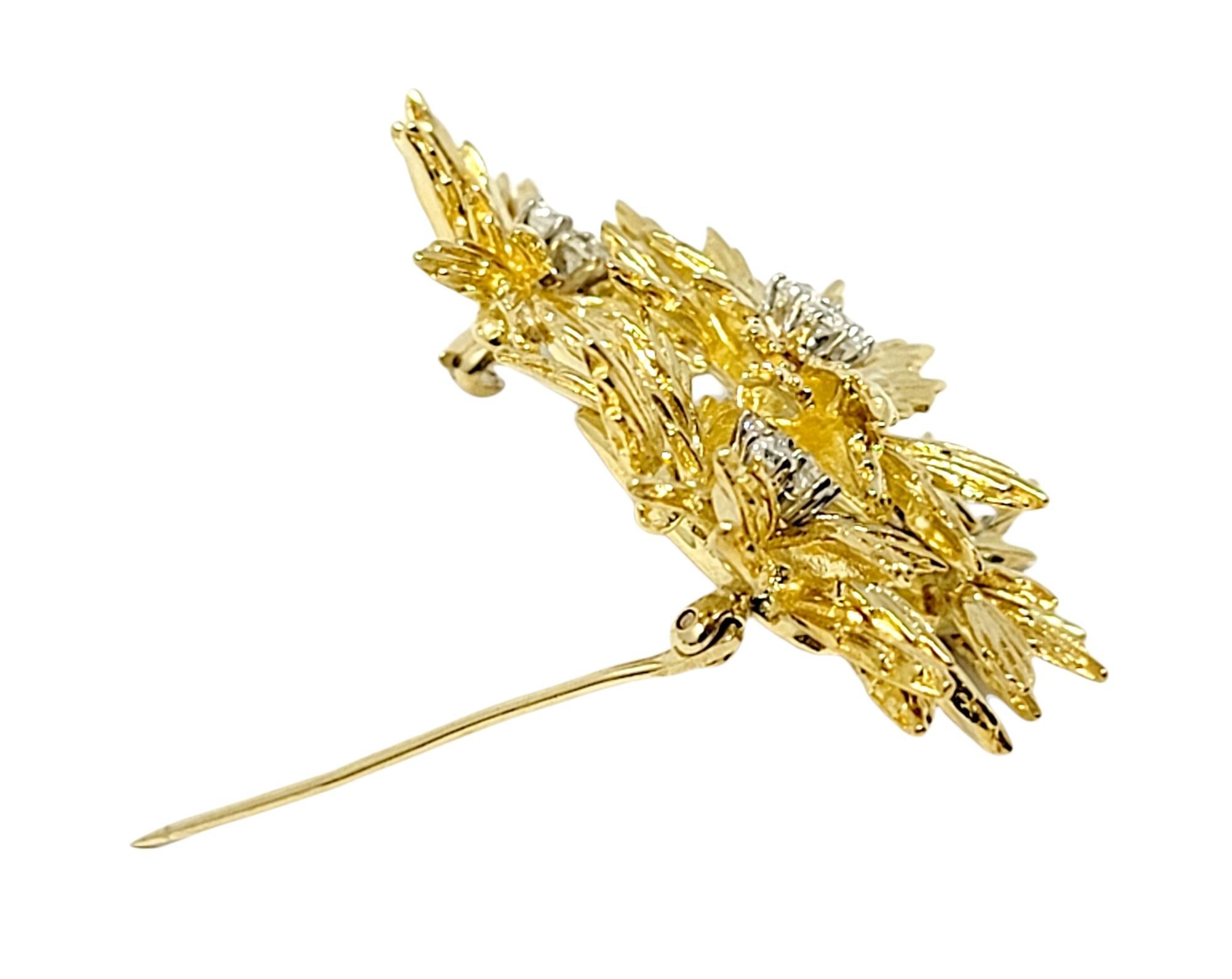 18 Karat Yellow Gold Layered Flowers Brooch with Round Diamond Accents For Sale 3