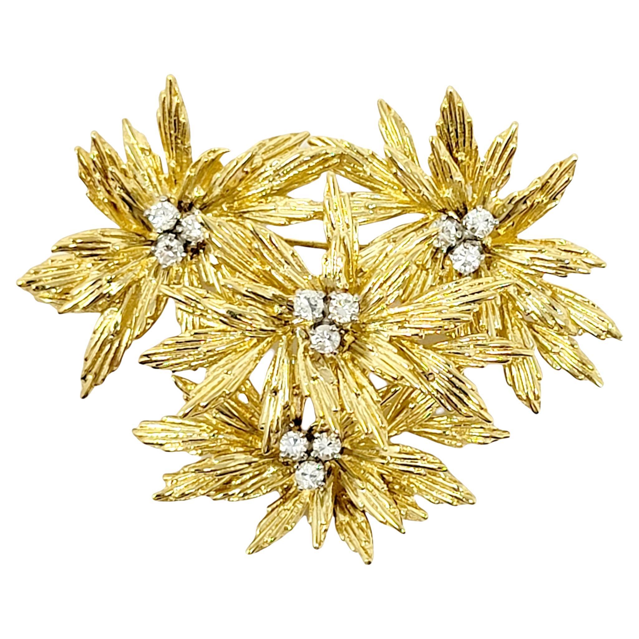 18 Karat Yellow Gold Layered Flowers Brooch with Round Diamond Accents For Sale