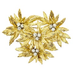 Vintage 18 Karat Yellow Gold Layered Flowers Brooch with Round Diamond Accents