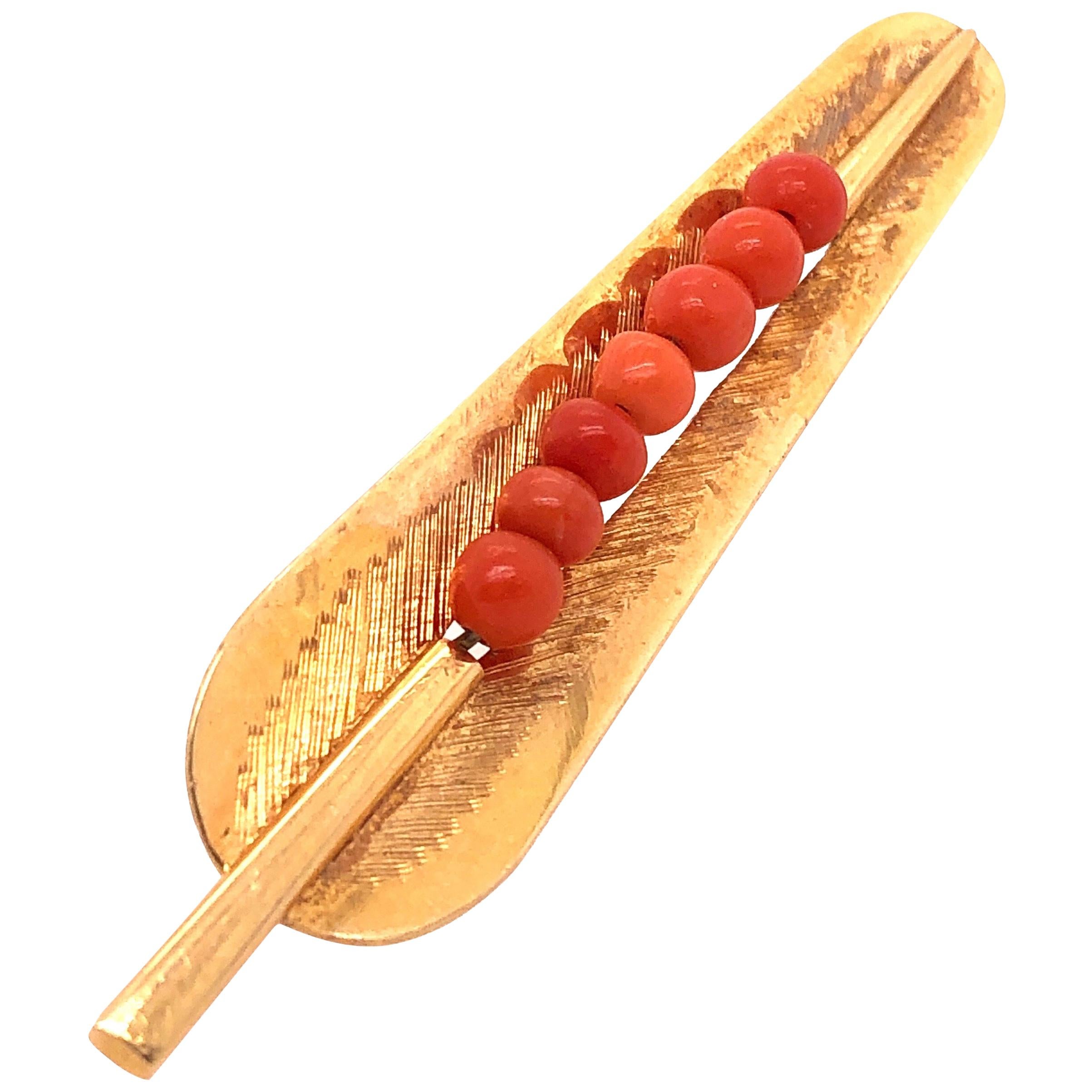 18 Karat Yellow Gold Leaf Design Brooch with Seven Round Coral For Sale