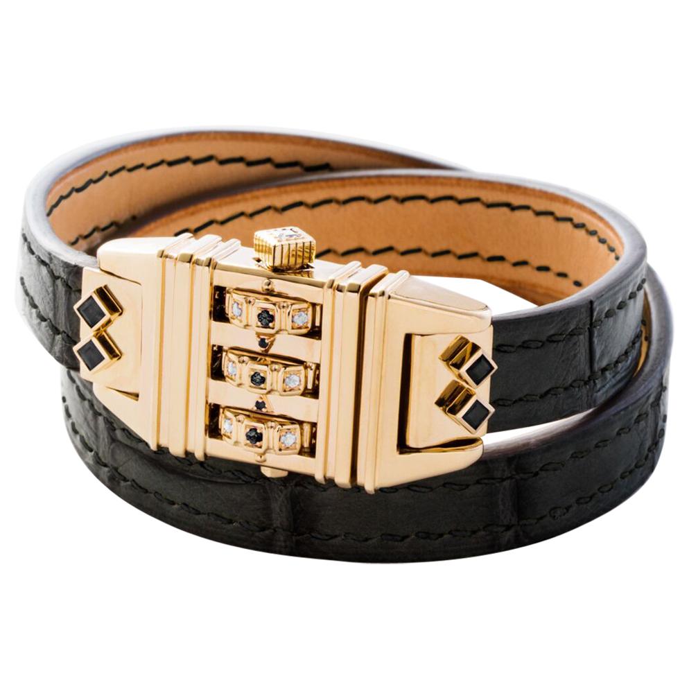18 Karat Yellow Gold Leather Wrap Black and White Code Bracelet For Sale