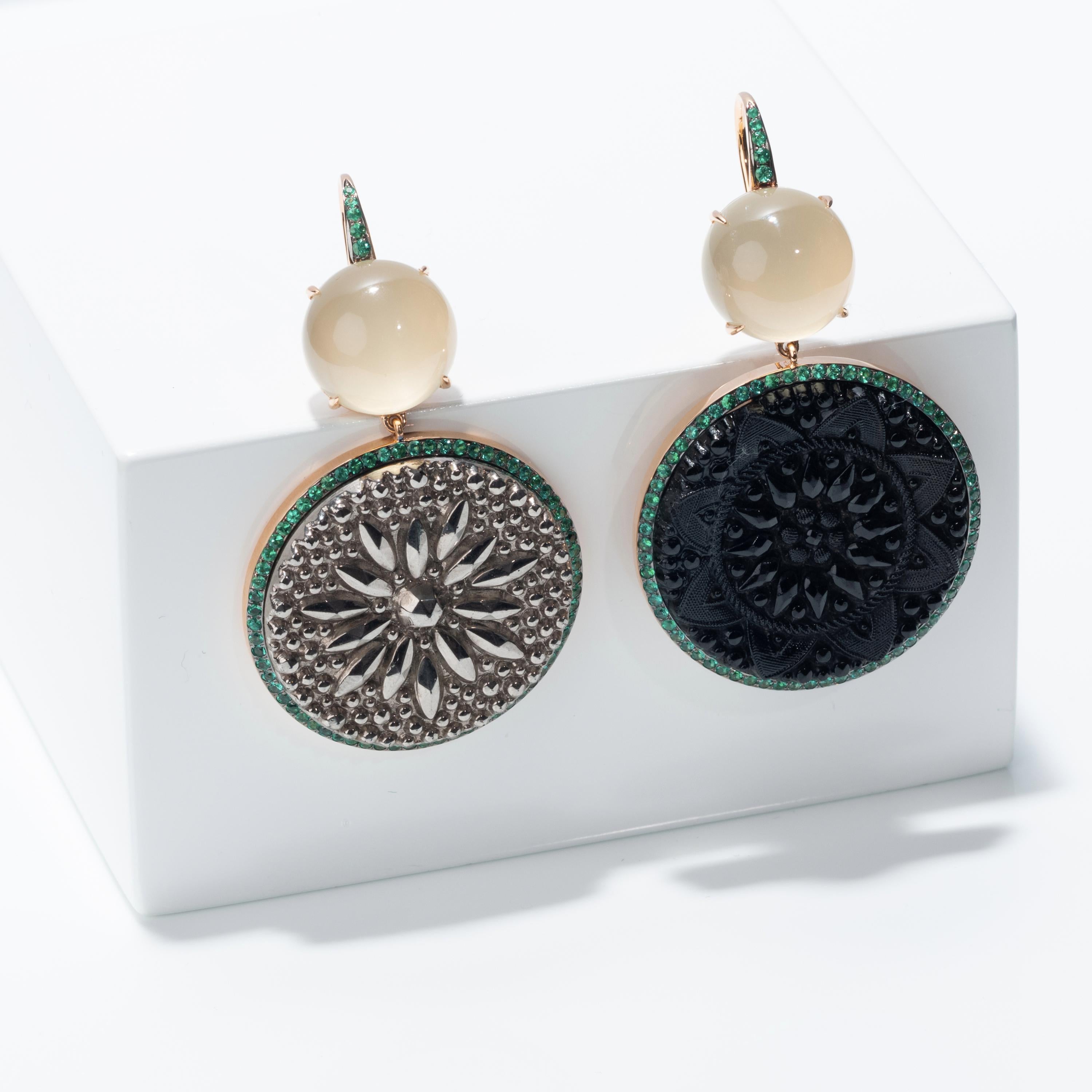 Women's Francesca Villa's Asymmetric 18kGold Quartz Emerald Button Black Silver Earrings For Sale