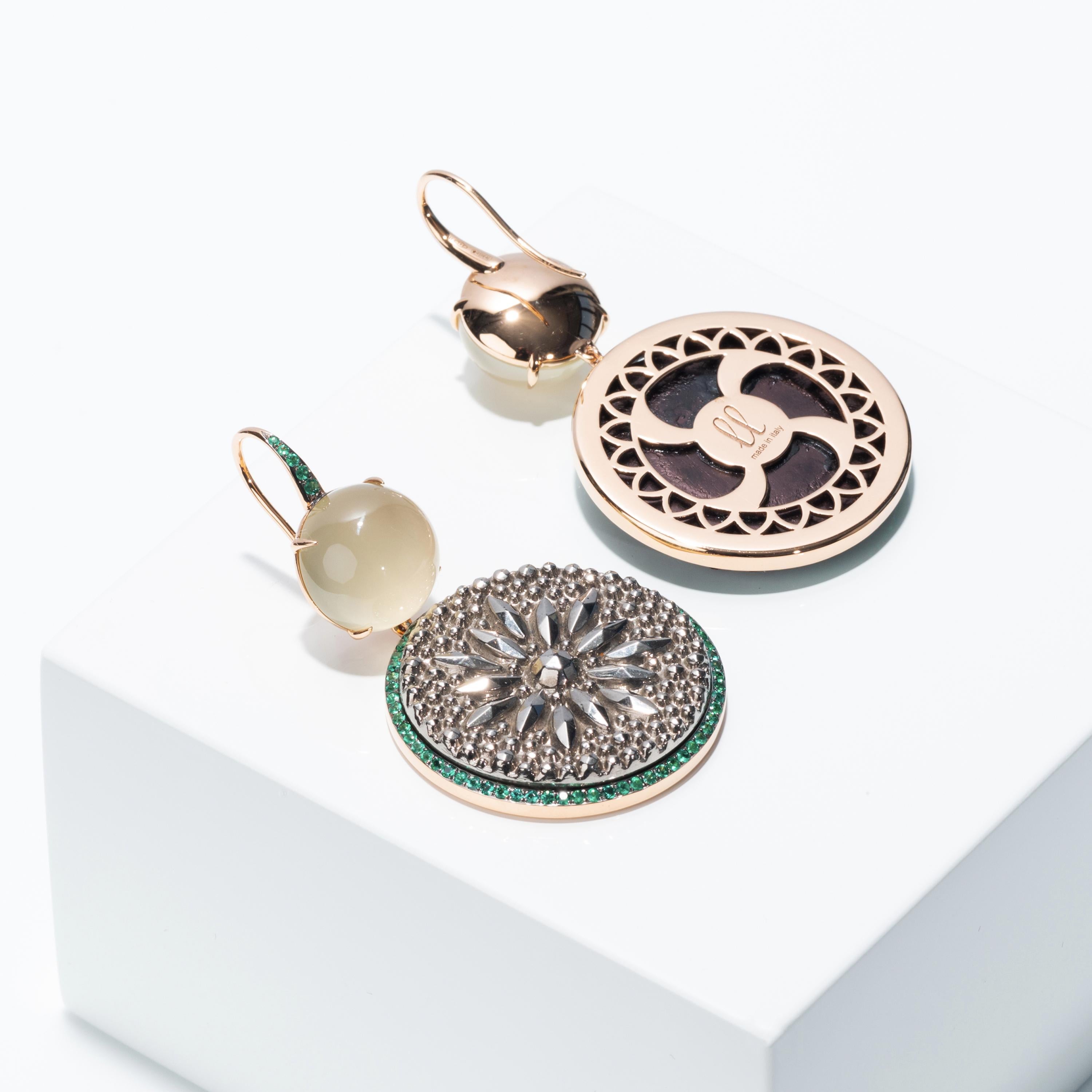 Francesca Villa's Asymmetric 18kGold Quartz Emerald Button Black Silver Earrings For Sale 1