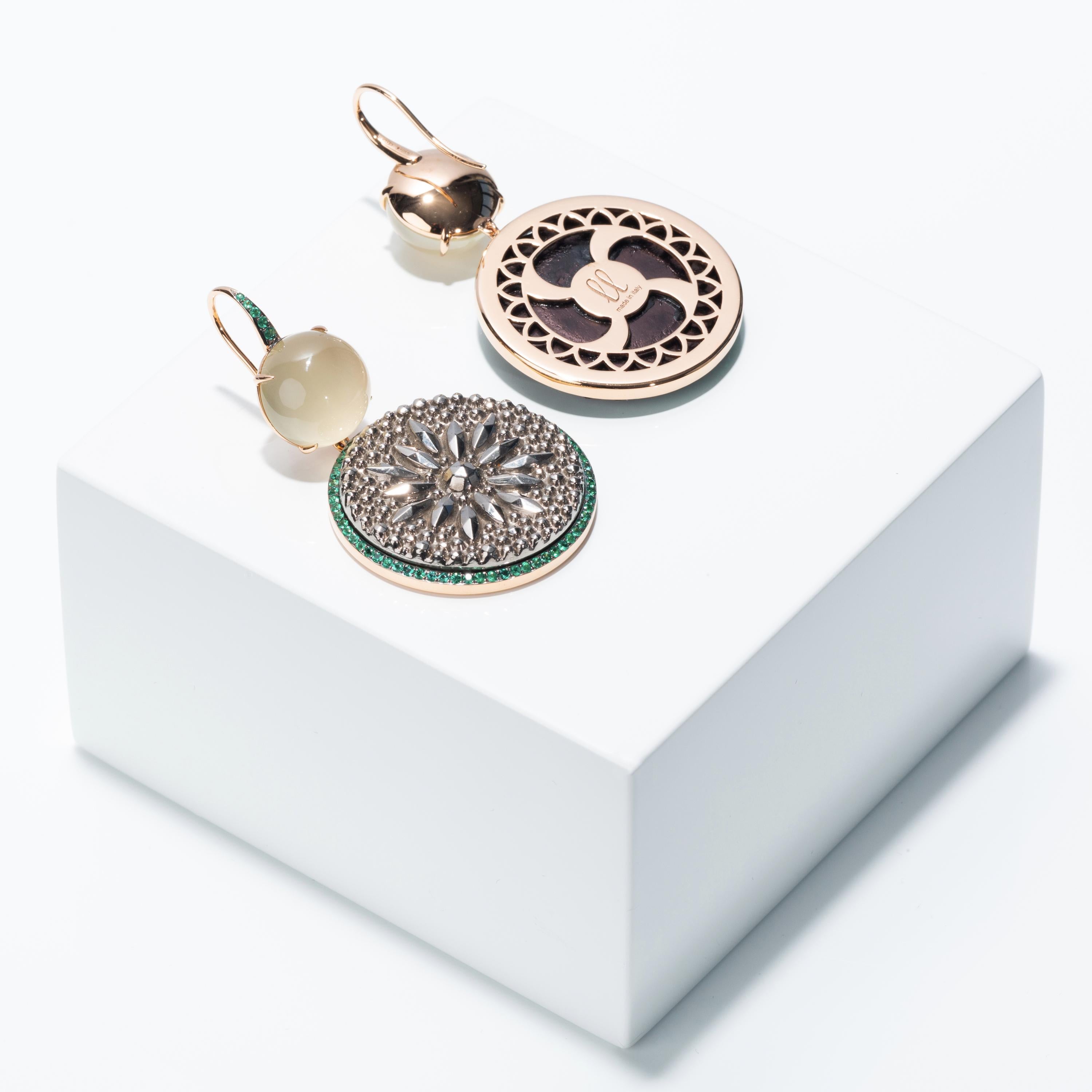 Francesca Villa's Asymmetric 18kGold Quartz Emerald Button Black Silver Earrings For Sale 2