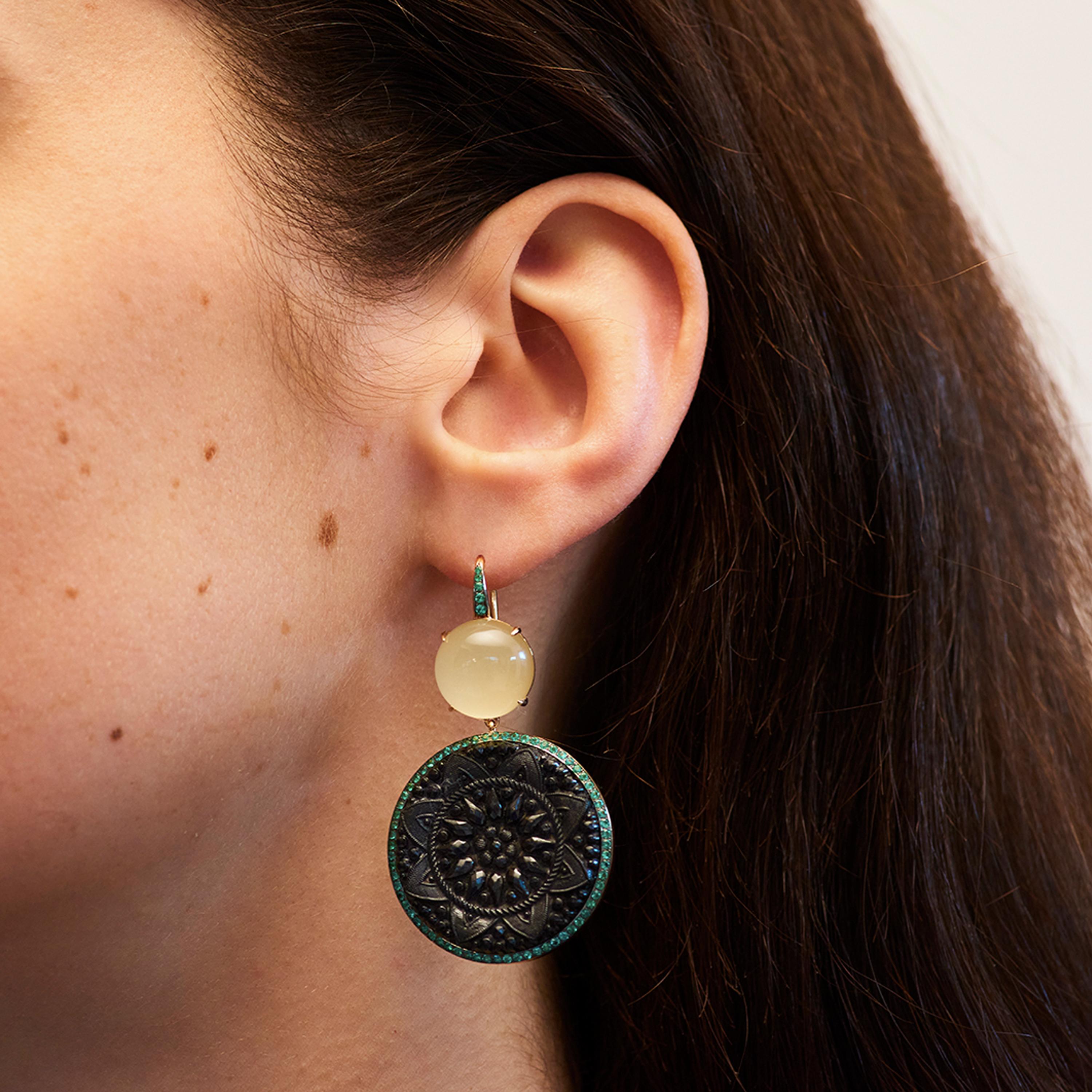 Contemporary Francesca Villa's Asymmetric 18kGold Quartz Emerald Button Black Silver Earrings For Sale