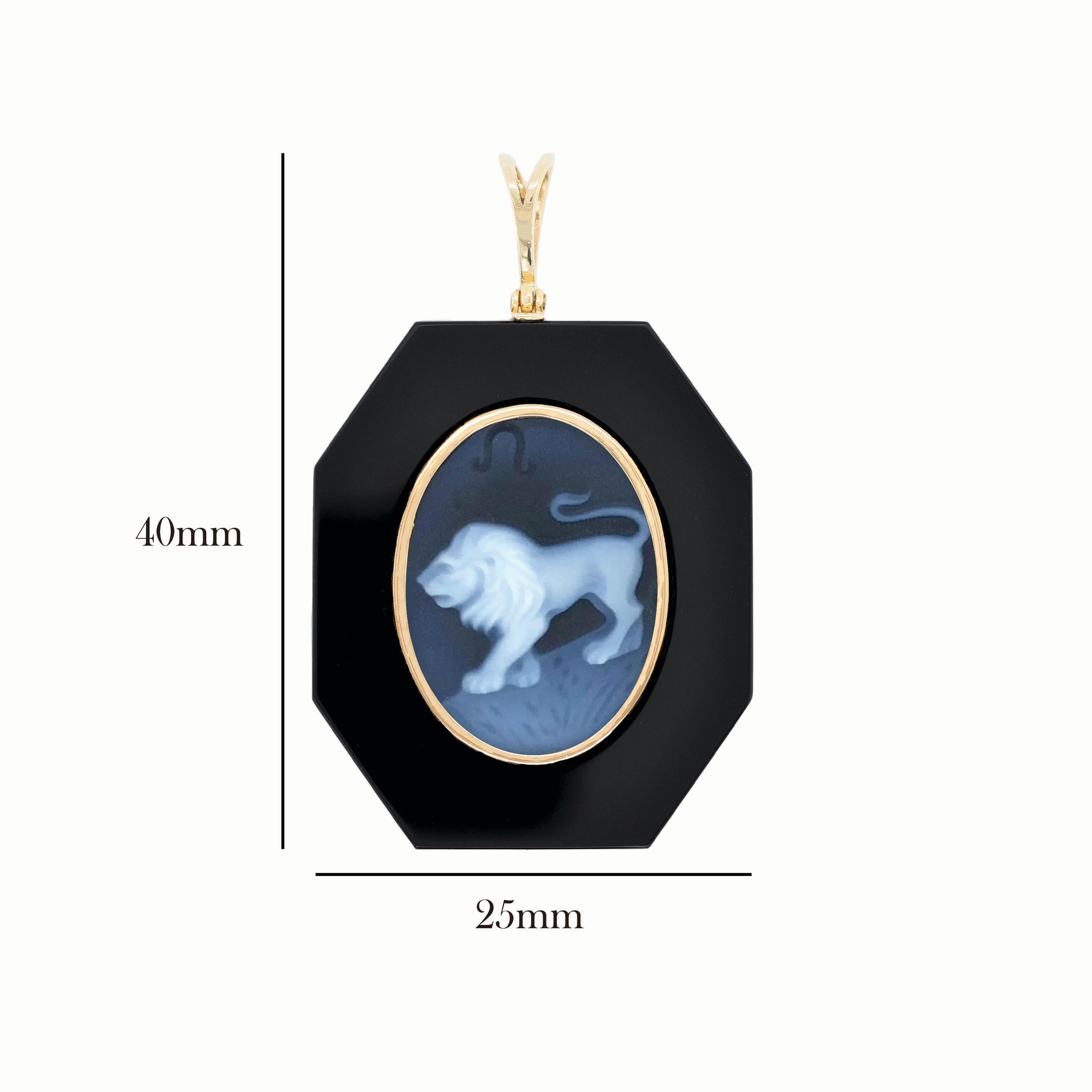 18 Karat Yellow Gold Leo Zodiac Agate Cameo Black Onyx Pendant Necklace For Sale 2