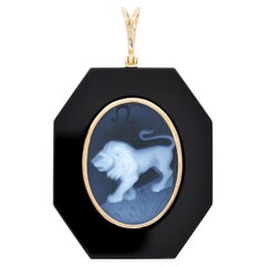 18 Karat Gelbgold Löwe Zodiac Achat Kamee Schwarz Onyx Anhänger Halskette