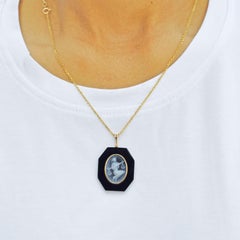 Libra Zodiac Agate Cameo Black Onyx Gold Pendant Necklace