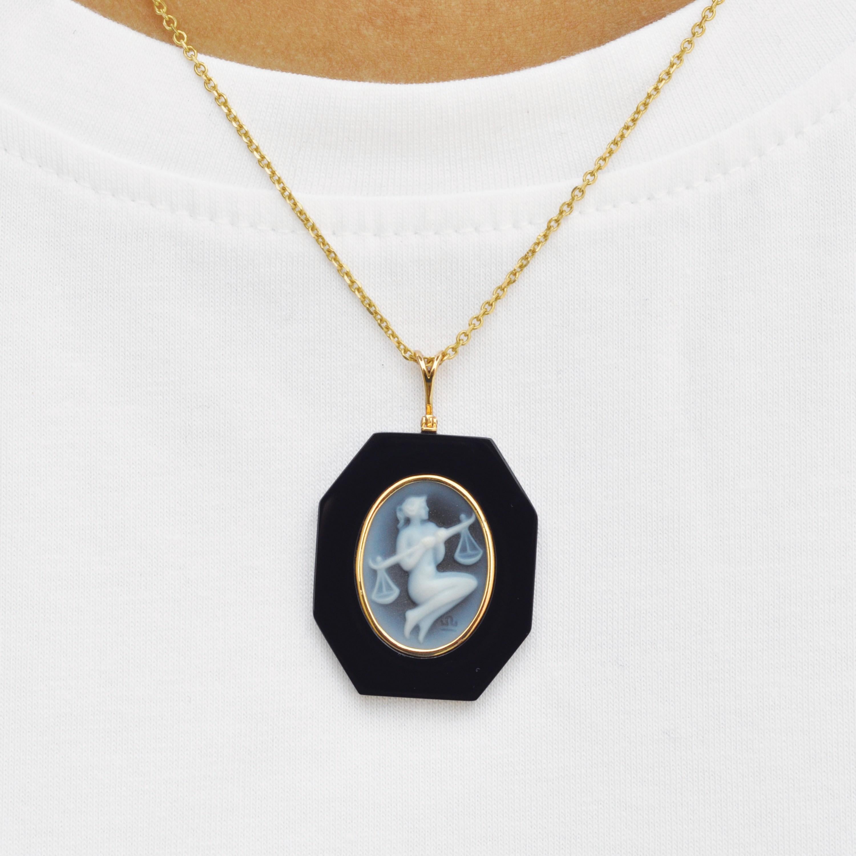 Contemporary 18 Karat Yellow Gold Libra Zodiac Agate Cameo Black Onyx Pendant Necklace For Sale