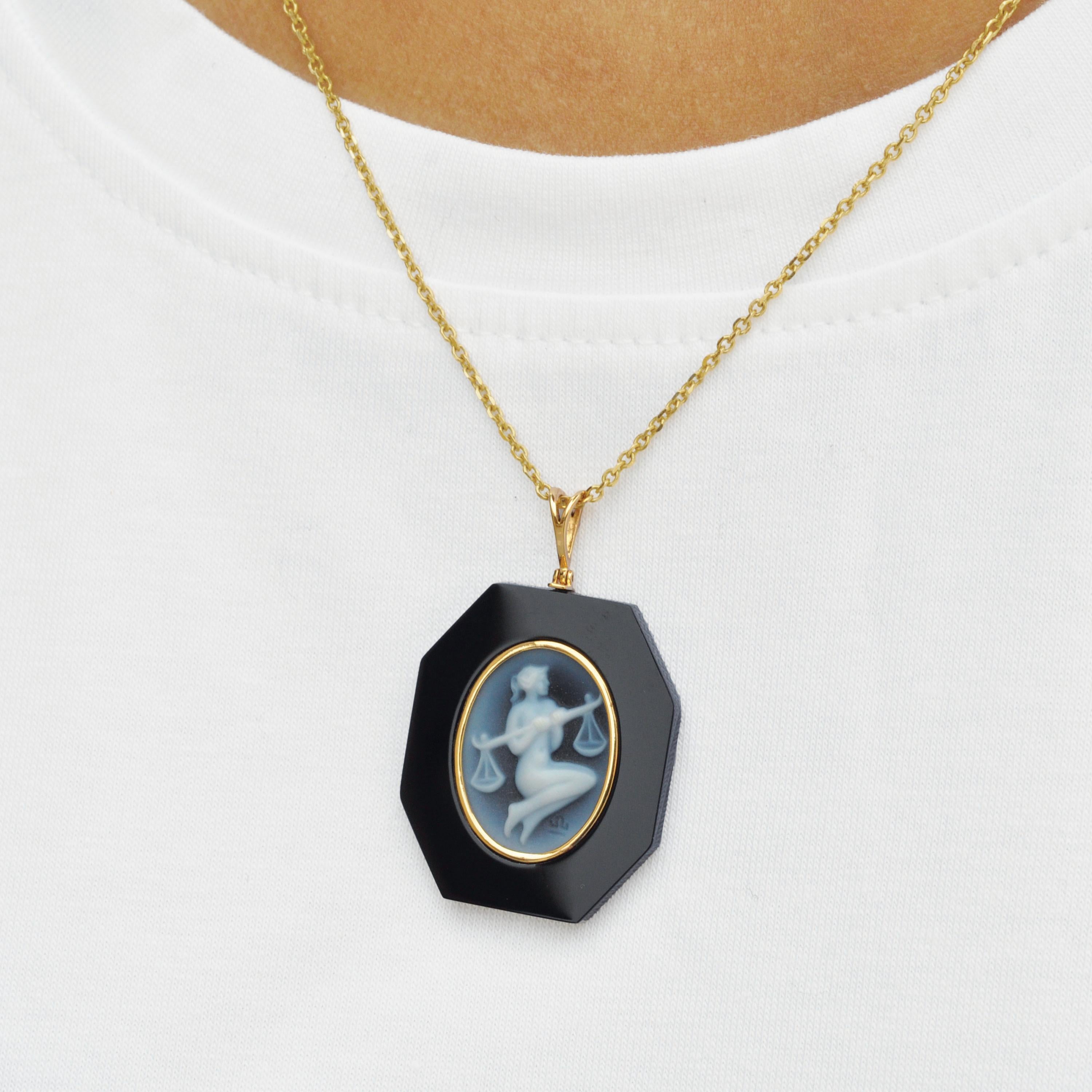 Mixed Cut 18 Karat Yellow Gold Libra Zodiac Agate Cameo Black Onyx Pendant Necklace For Sale