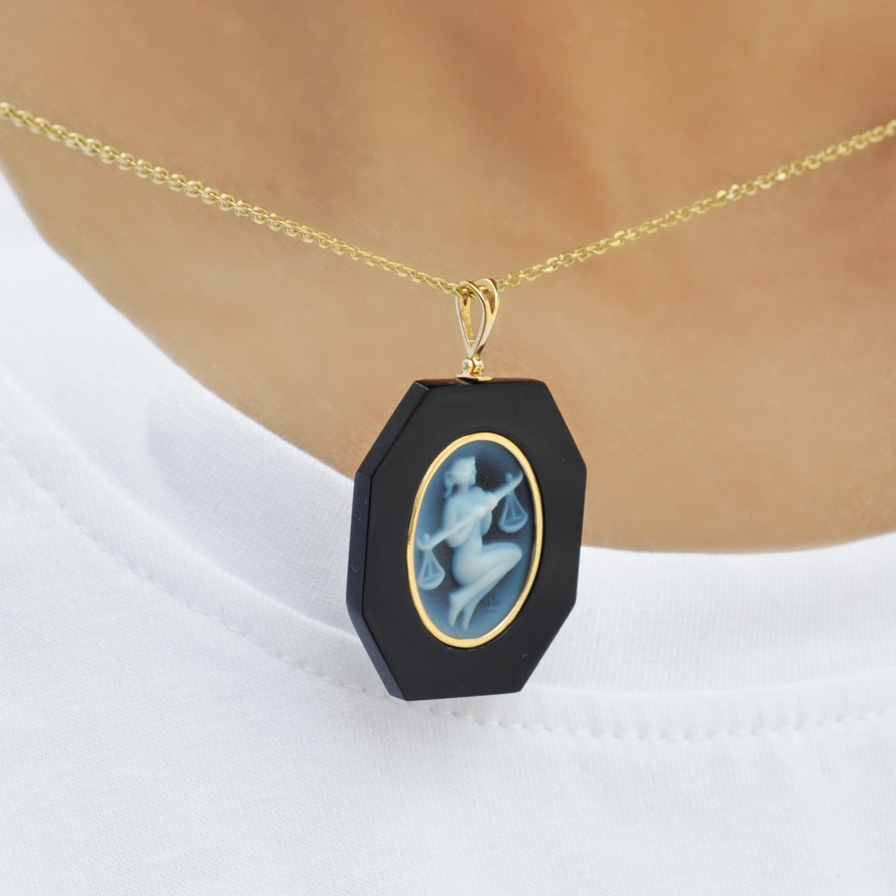 Women's or Men's 18 Karat Yellow Gold Libra Zodiac Agate Cameo Black Onyx Pendant Necklace For Sale
