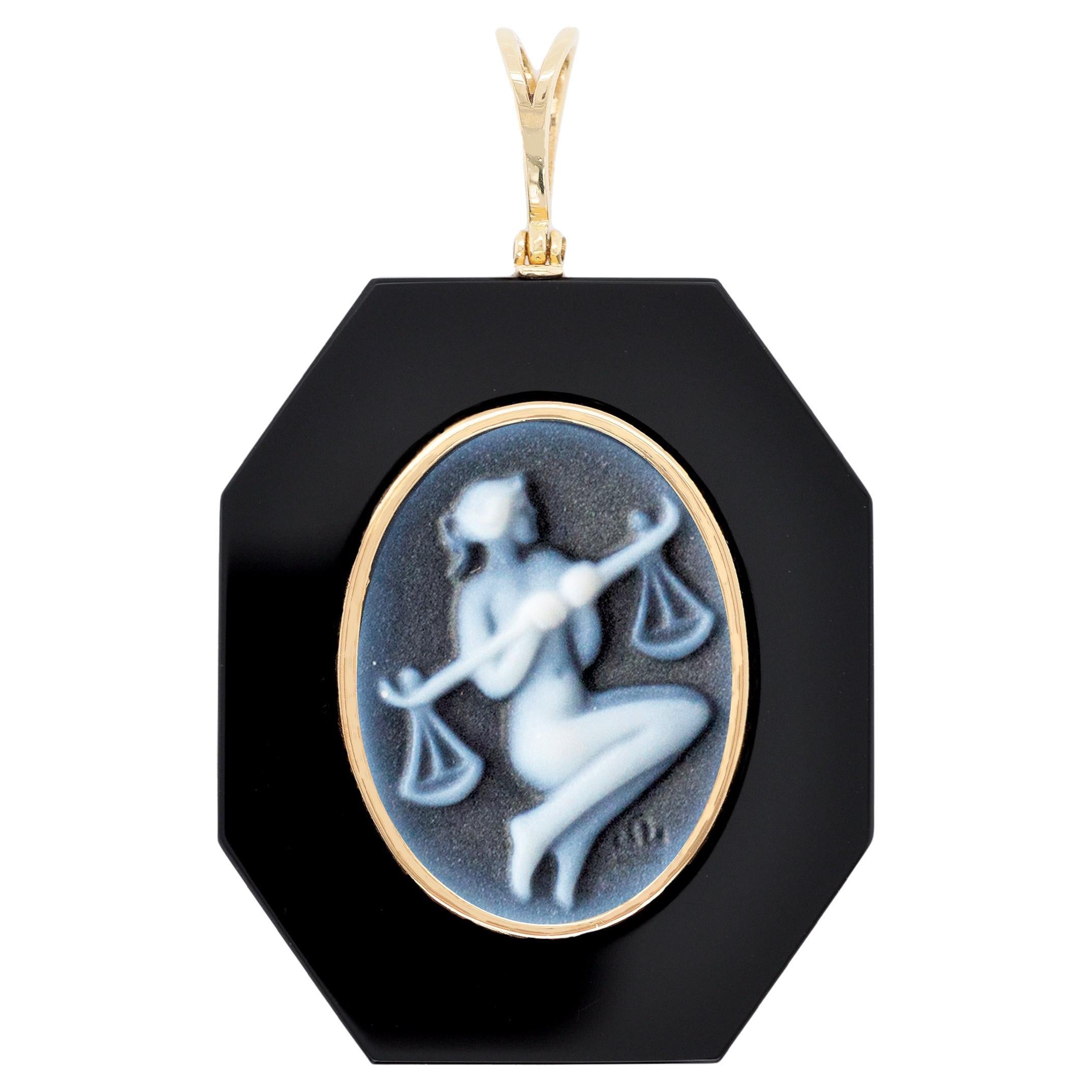 18 Karat Yellow Gold Libra Zodiac Agate Cameo Black Onyx Pendant Necklace For Sale