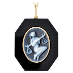 Collar Colgante Oro Amarillo 18 Kilates Zodiaco Libra Agata Cameo Onix Negro