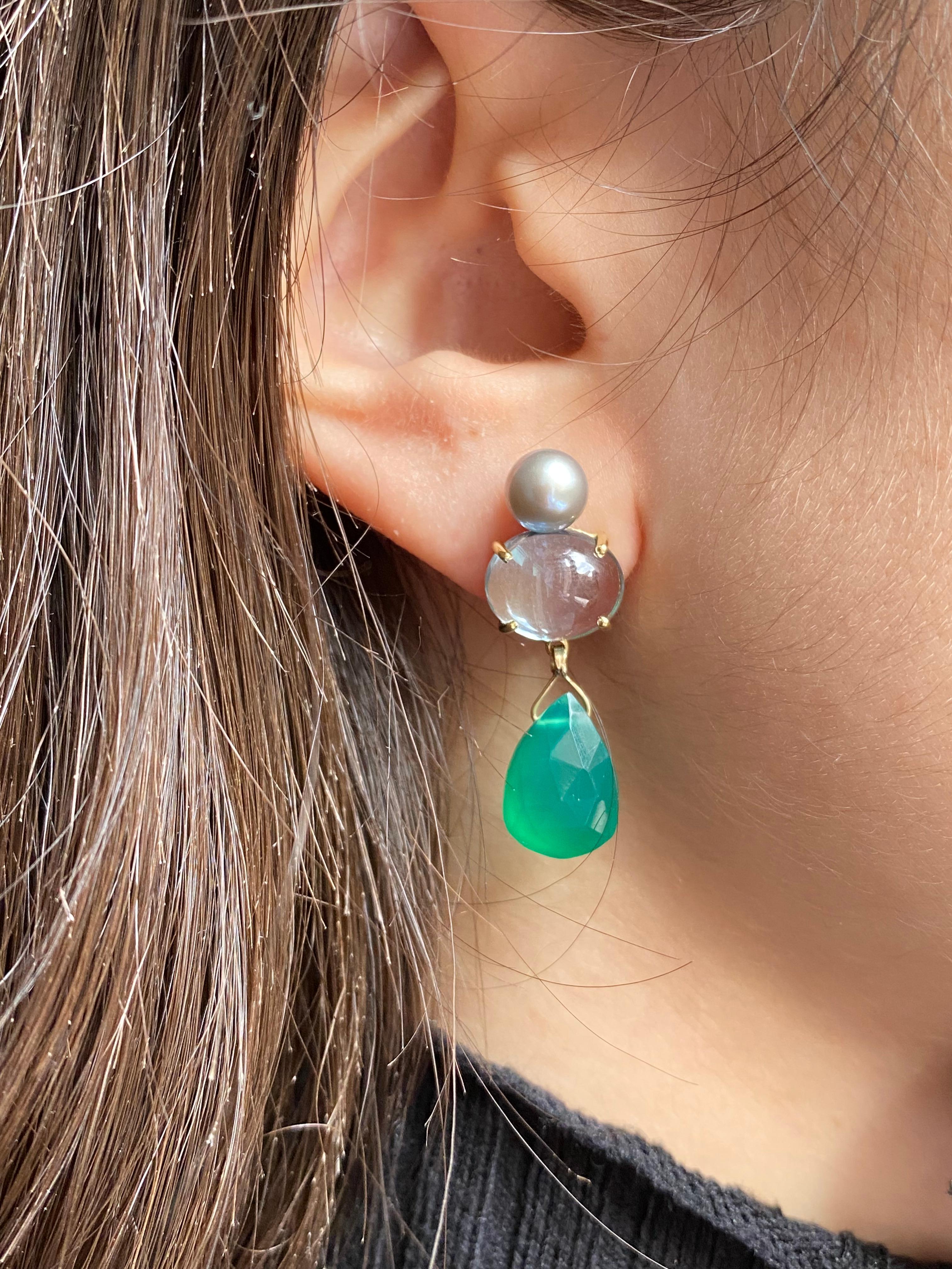 Rossella Ugolini Design Collection, a beautiful shade of light blue and green made in 18 Karat White Gold Light Blue Topaz Green Agate. These contemporary Design earrings are handcrafted in 18 Karats Yellow Gold  easy wear. Simple and elegant with a