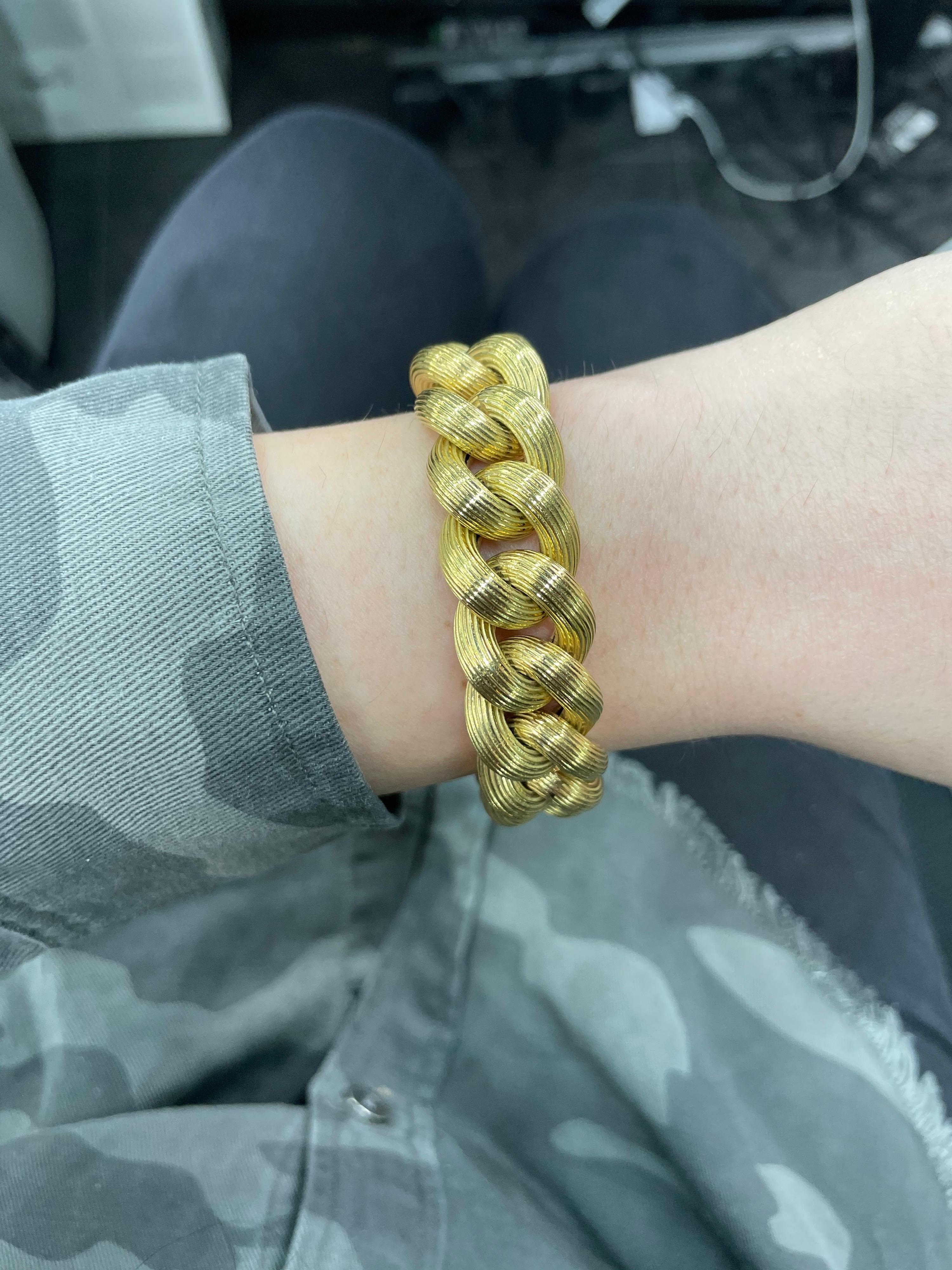 18 Karat yellow gold bracelet featuring 19 links weighing 61.9 grams. 
Great for stacking!
More link bracelets in stock.