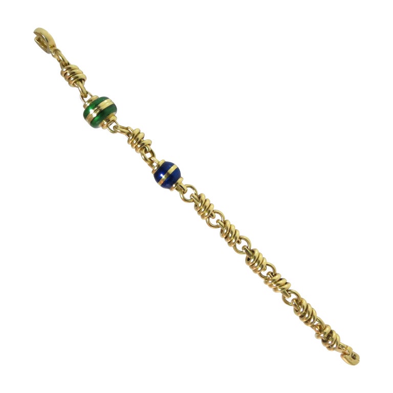 18 Karat Yellow Gold Link Bracelet with Green and Blue Enamel Balls at