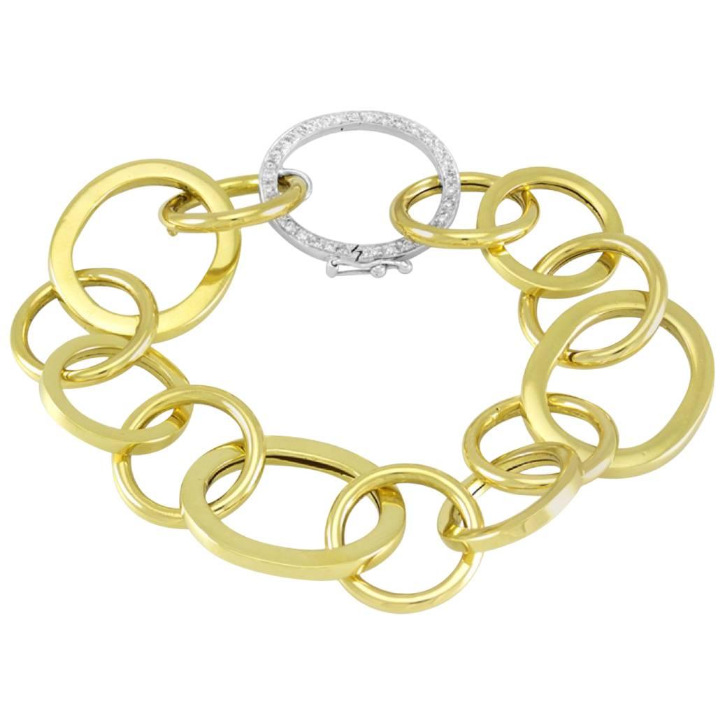 18 Karat Yellow Gold Link Chain Bracelet with White Diamonds