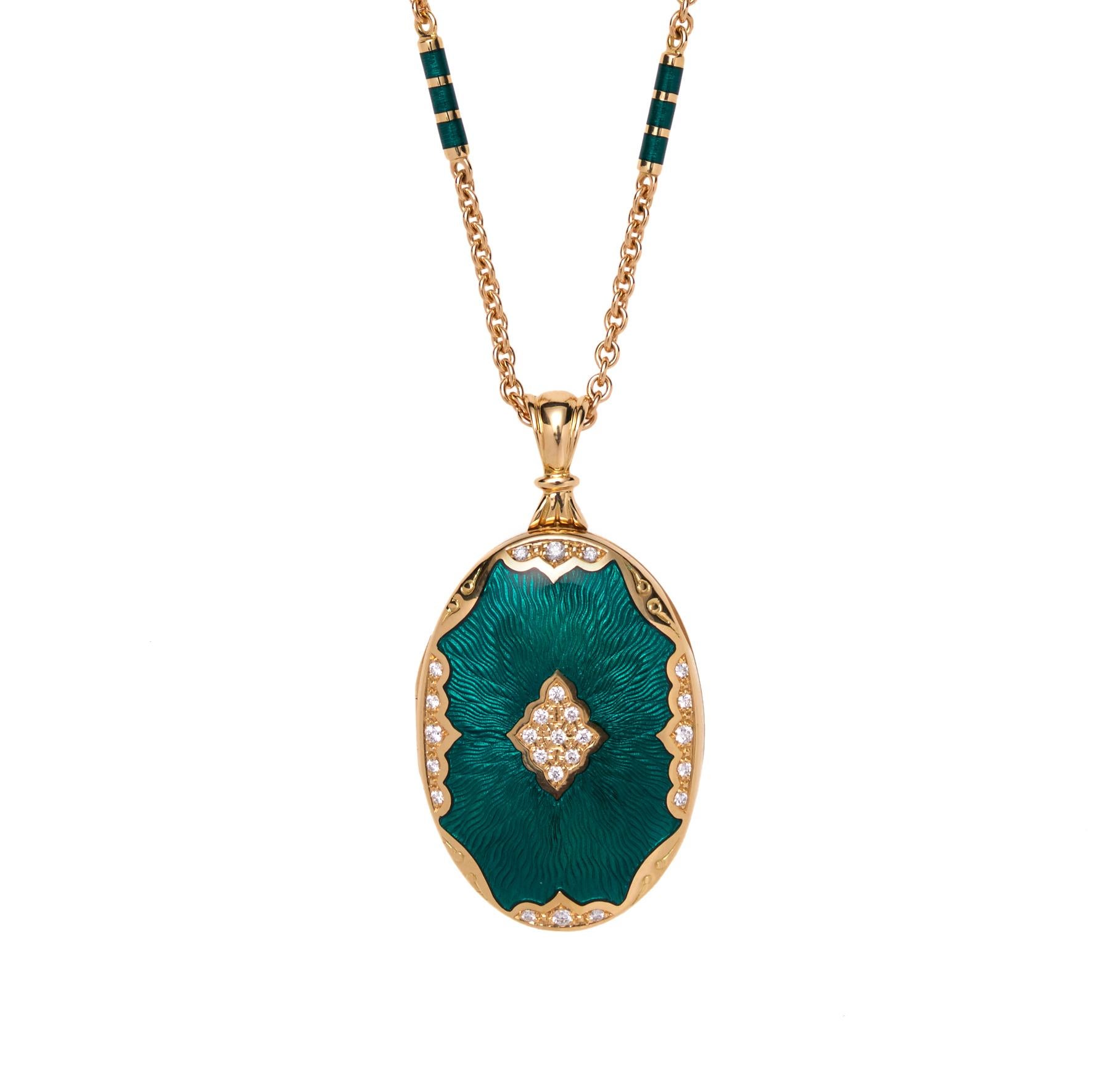 Art Nouveau 18 Karat Yellow Gold Locket with Green Ename and Diamonds on Chain with Enamel For Sale