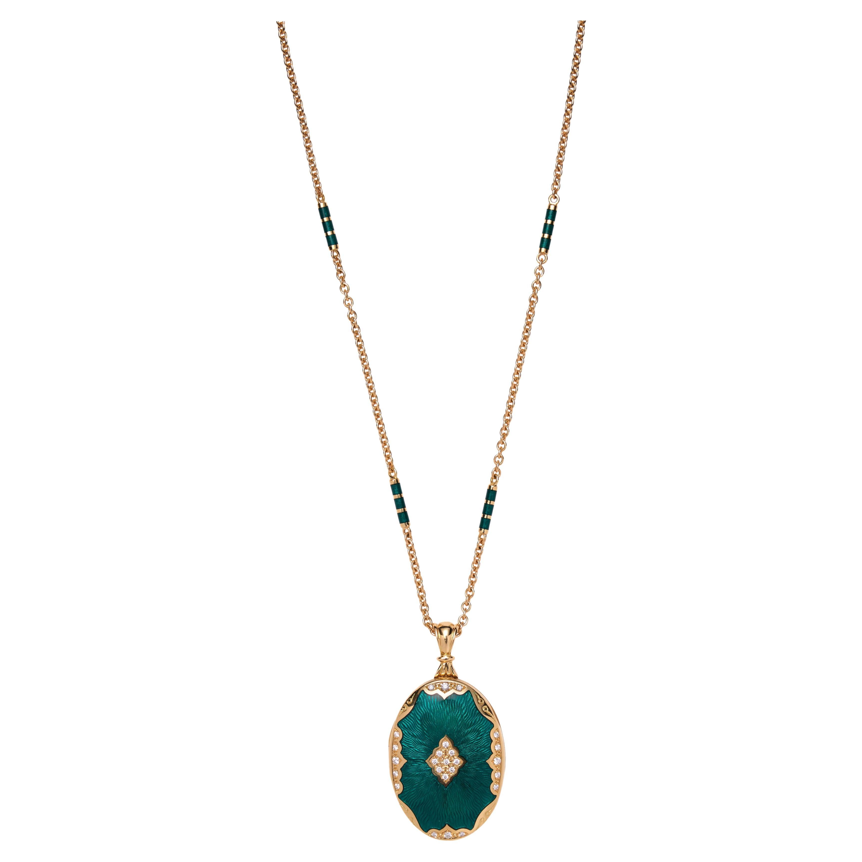 18 Karat Yellow Gold Locket with Green Ename and Diamonds on Chain with Enamel For Sale