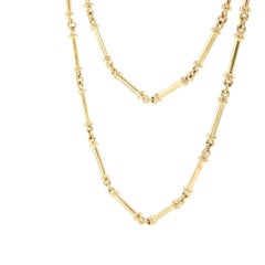 18 Karat Yellow Gold Long Bar Link Watch Chain Necklace