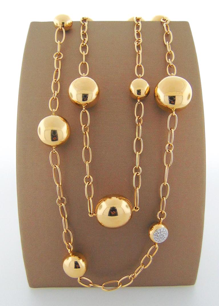 Modern 18 Karat Yellow Gold Long Chain with Ball Stations For Sale